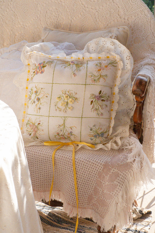 Vintage embroidered floral pillow