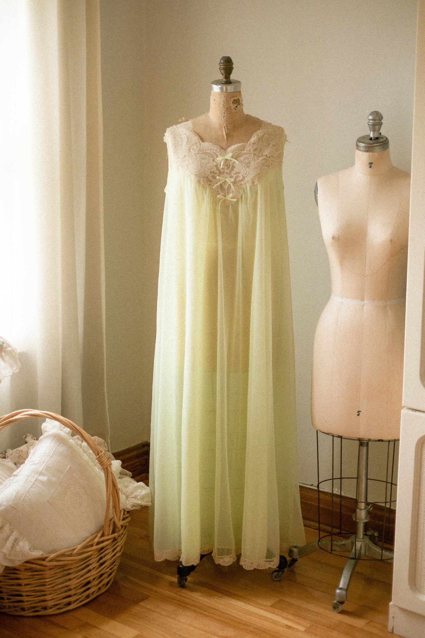 Vintage green lace flared sheer nighty
