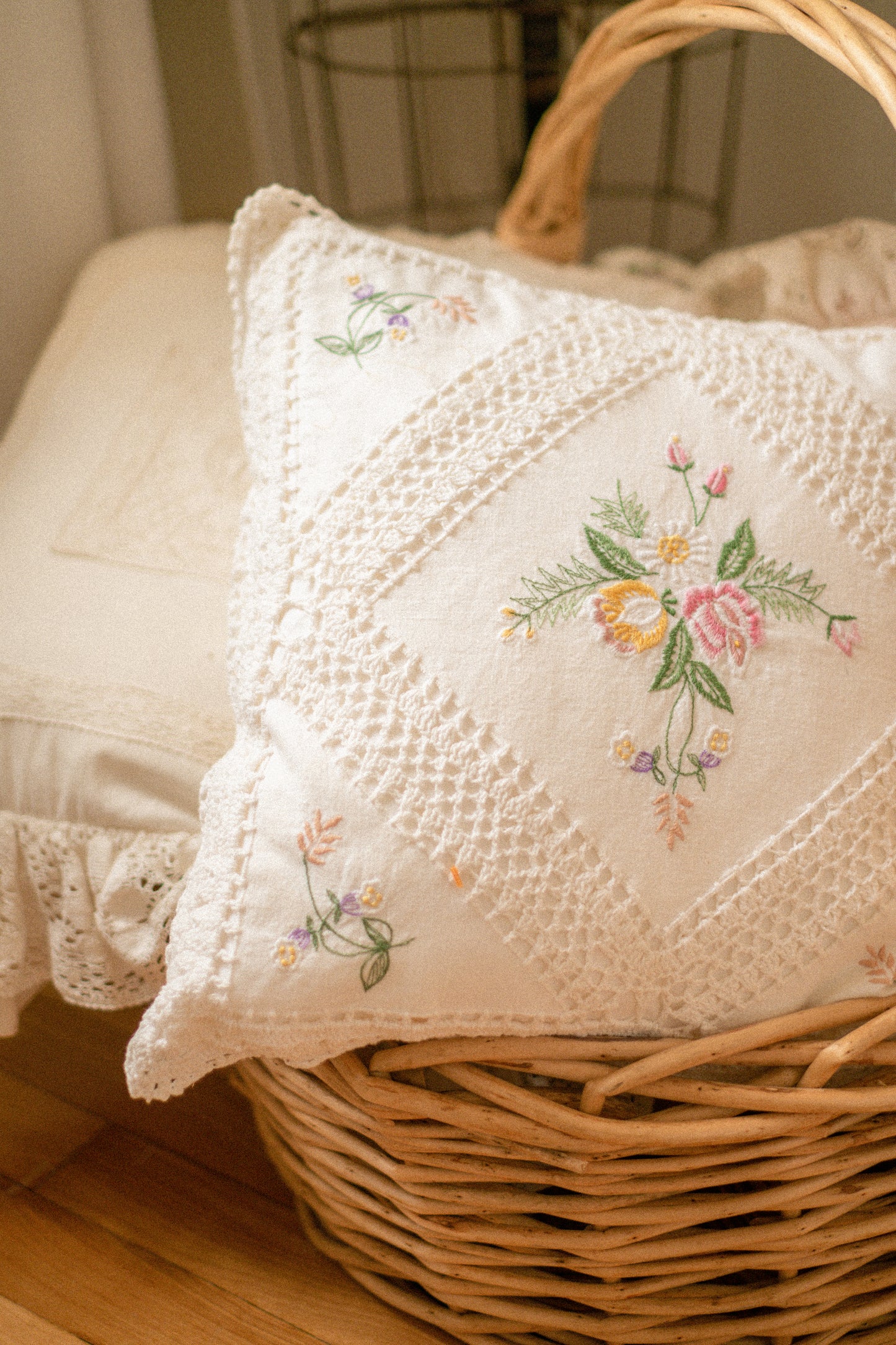 Vintage crochet floral embroidered pillow