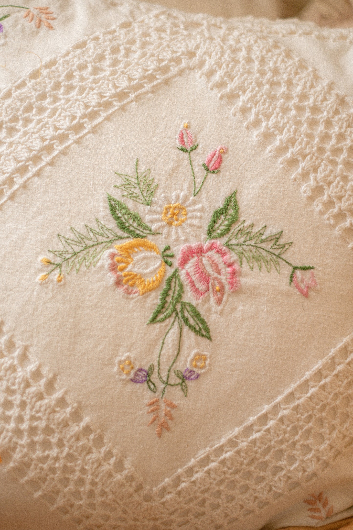 Vintage crochet floral embroidered pillow