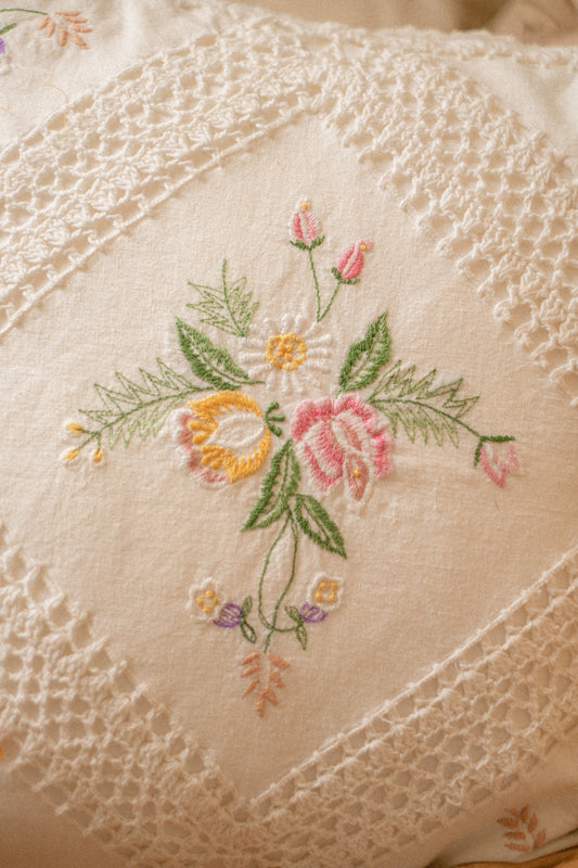 Vintage crochet floral embroidered pillow
