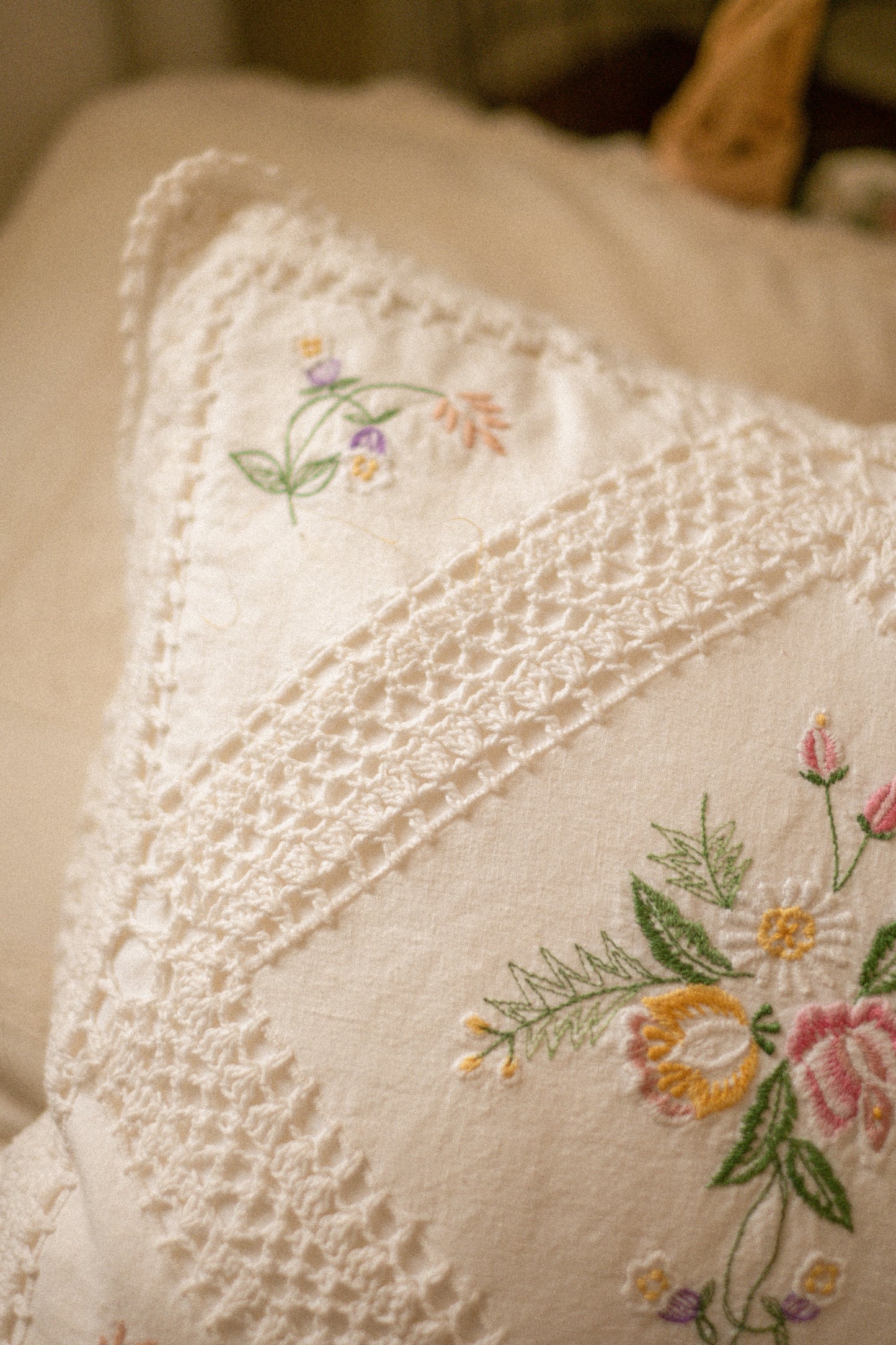 Vintage crochet floral embroidered pillow
