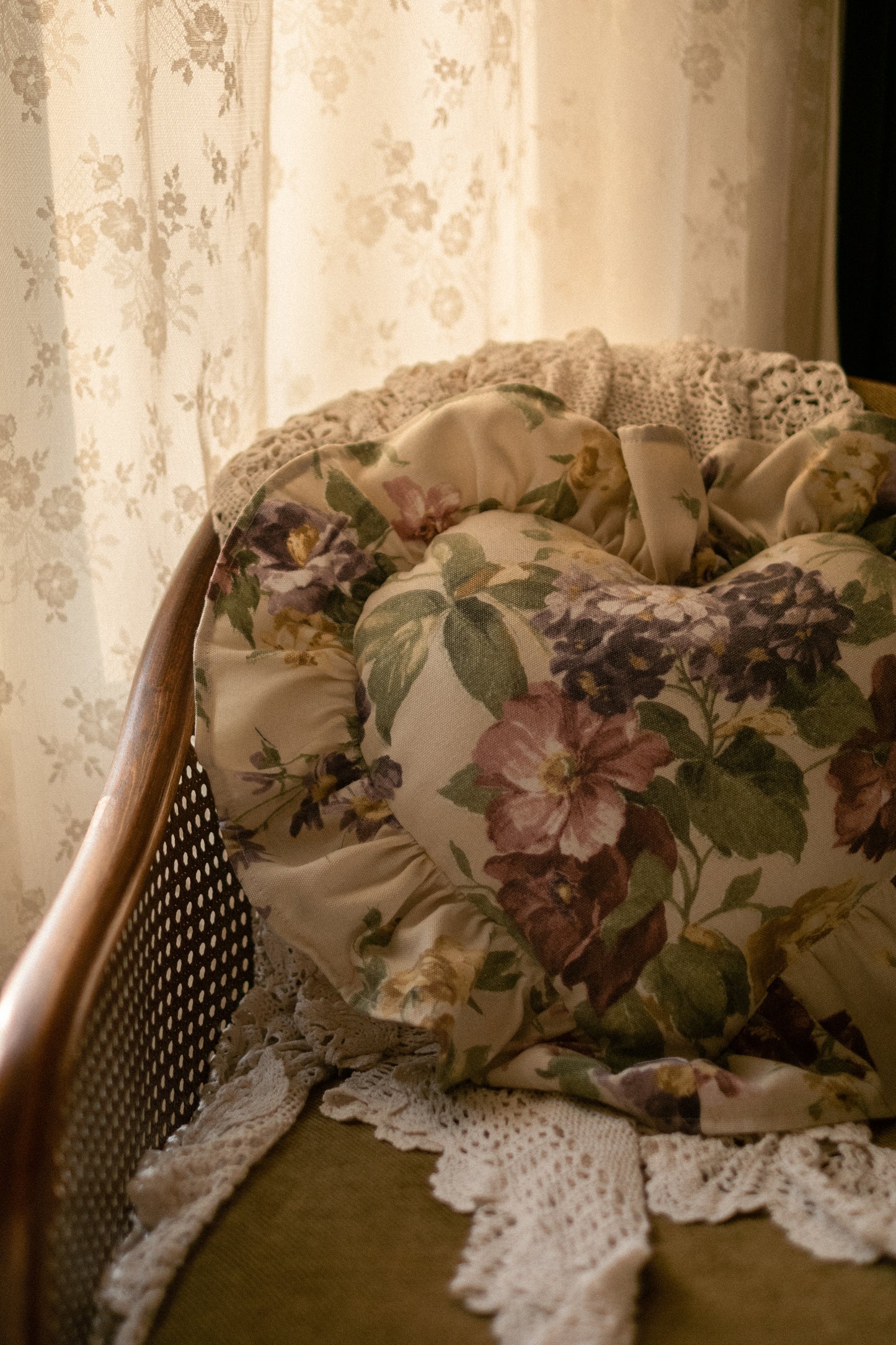 Handmade ruffled heart pillow - Autumn bloom