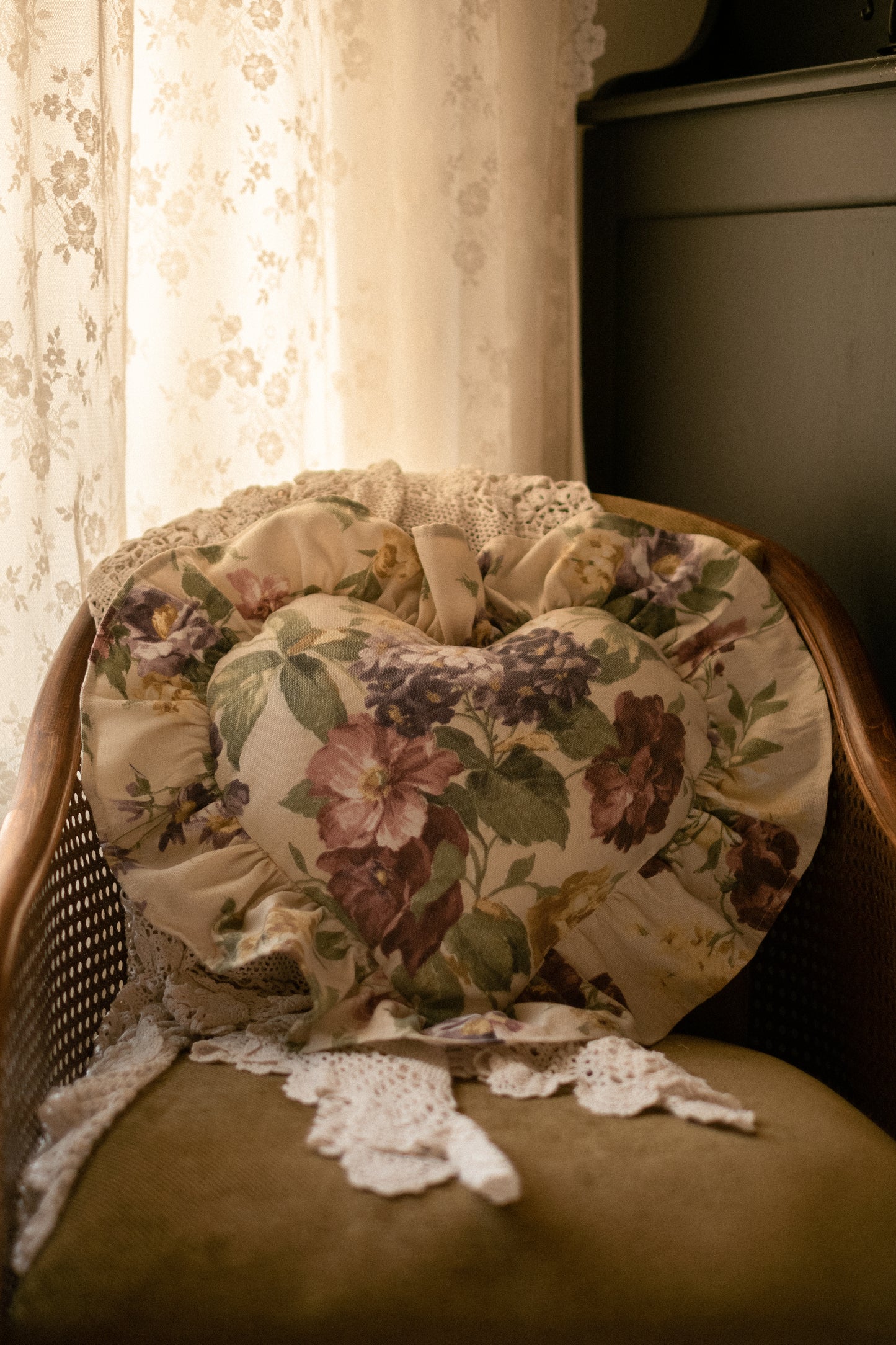 Handmade ruffled heart pillow - Autumn bloom