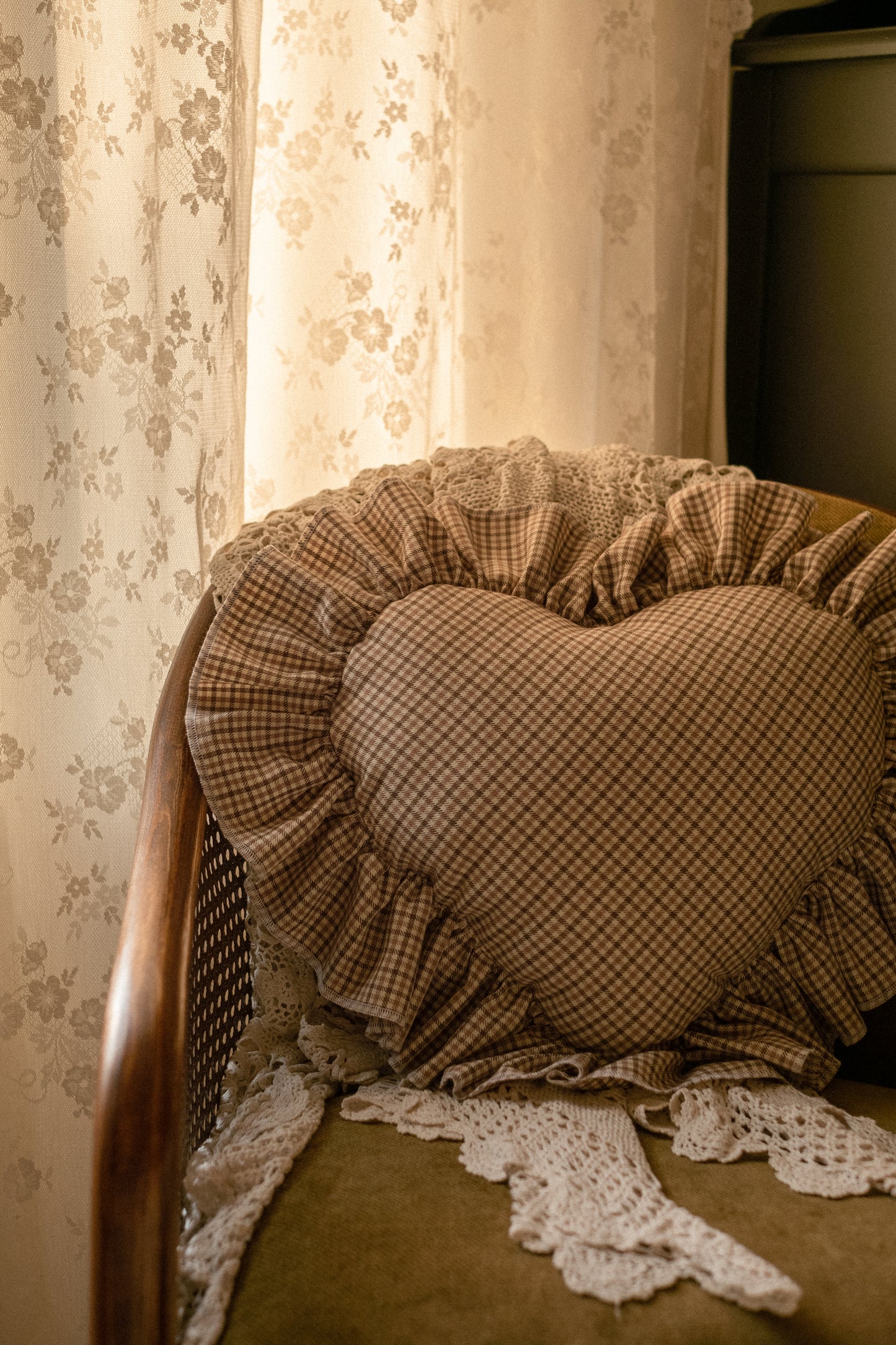 Handmade ruffled heart pillow - Fall picnic