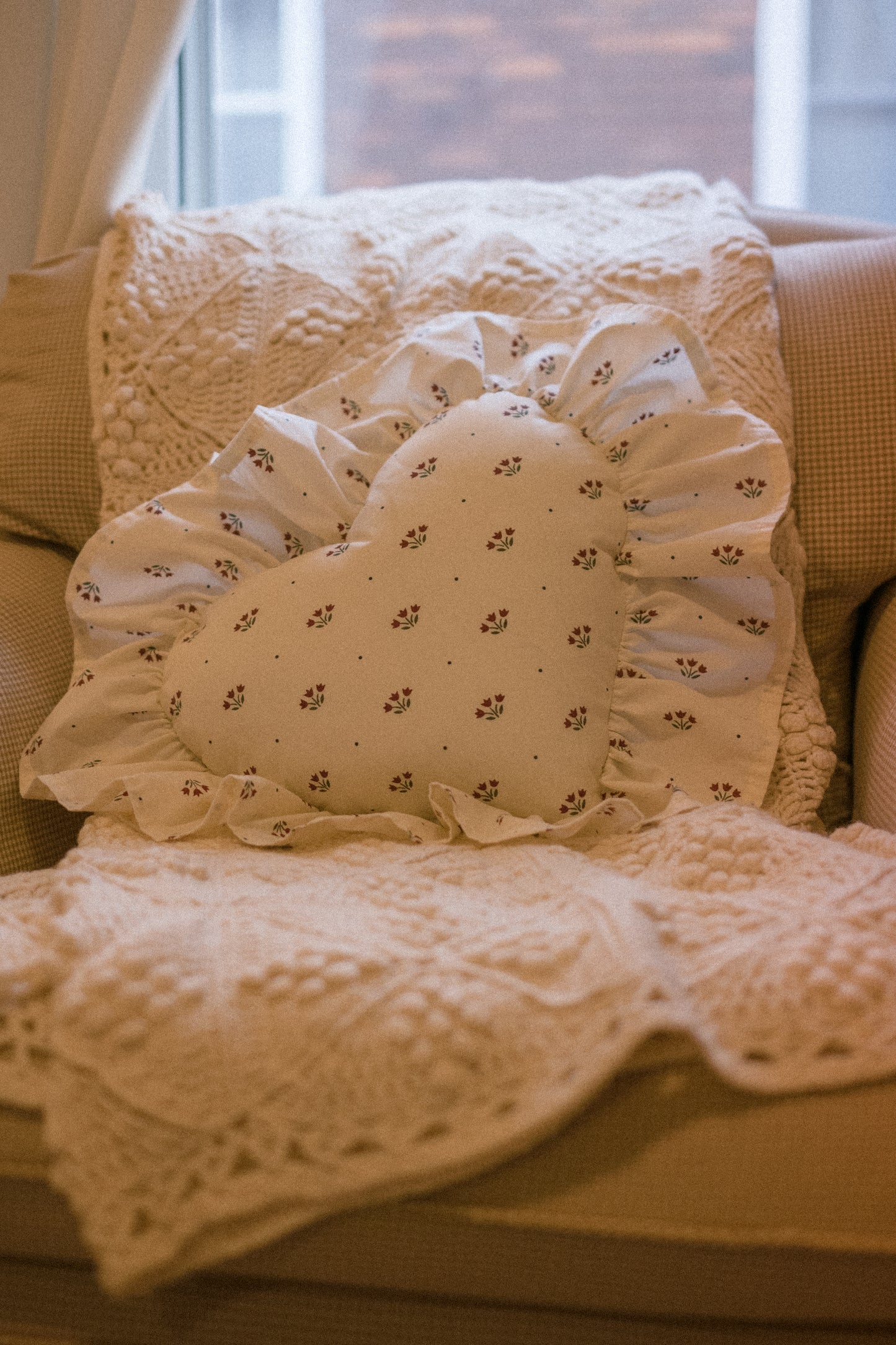 Handmade ruffled heart pillow - christmas cottage