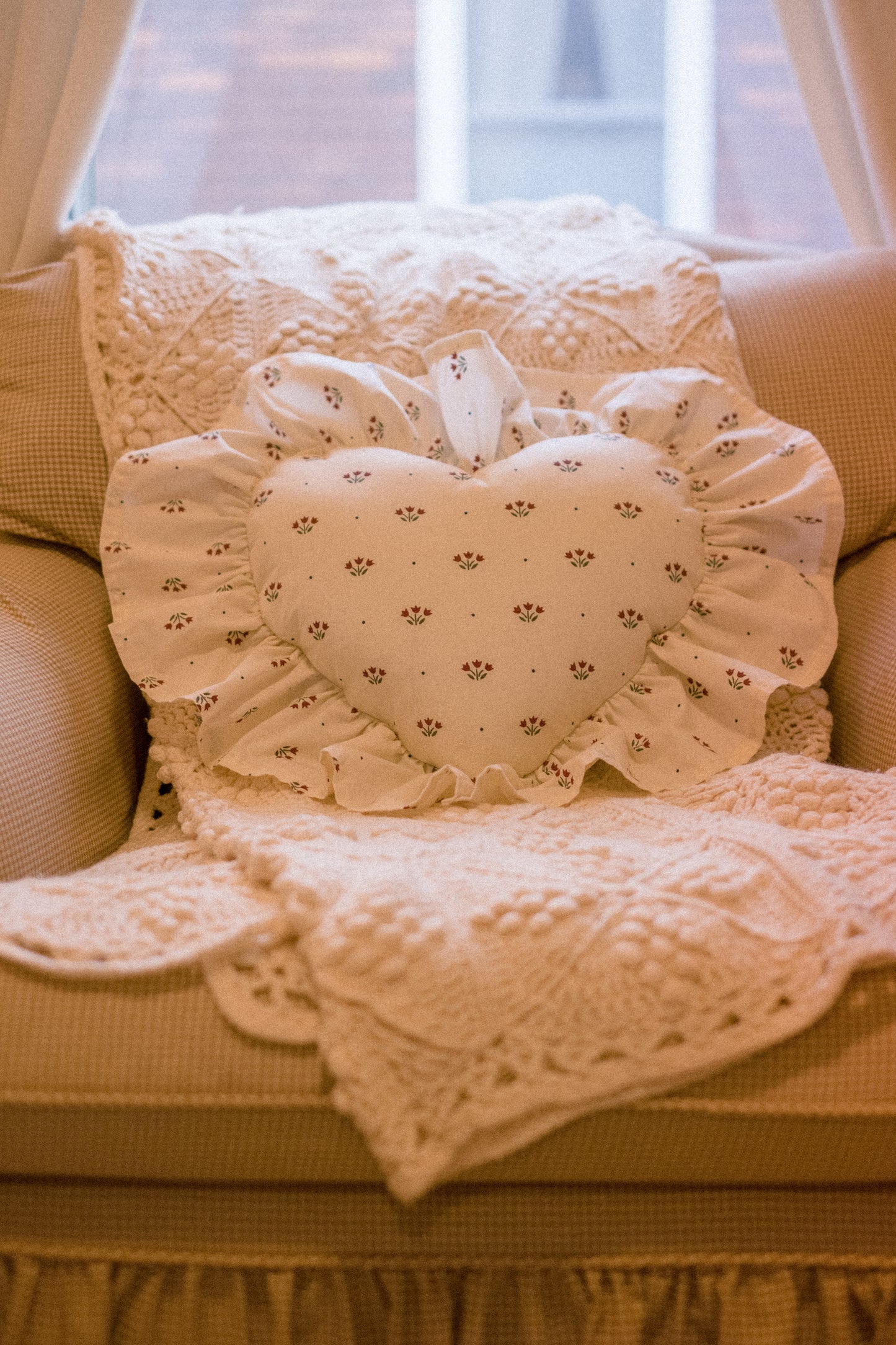 Handmade ruffled heart pillow - christmas cottage