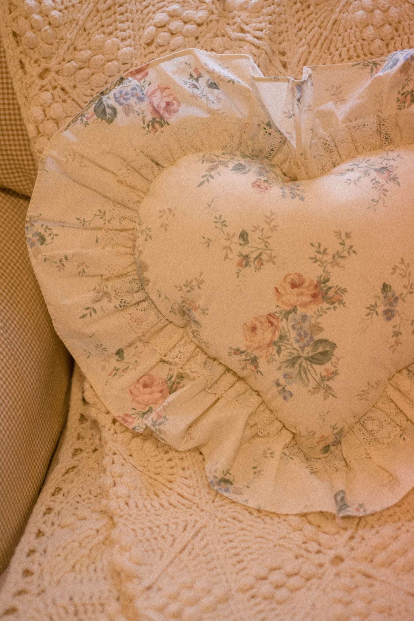 Handmade ruffled heart pillow - glistening snow