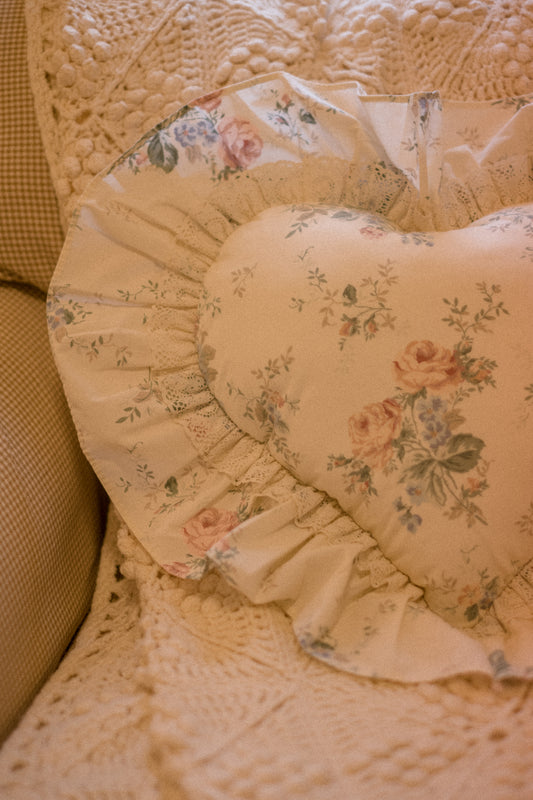 Handmade ruffled heart pillow - glistening snow