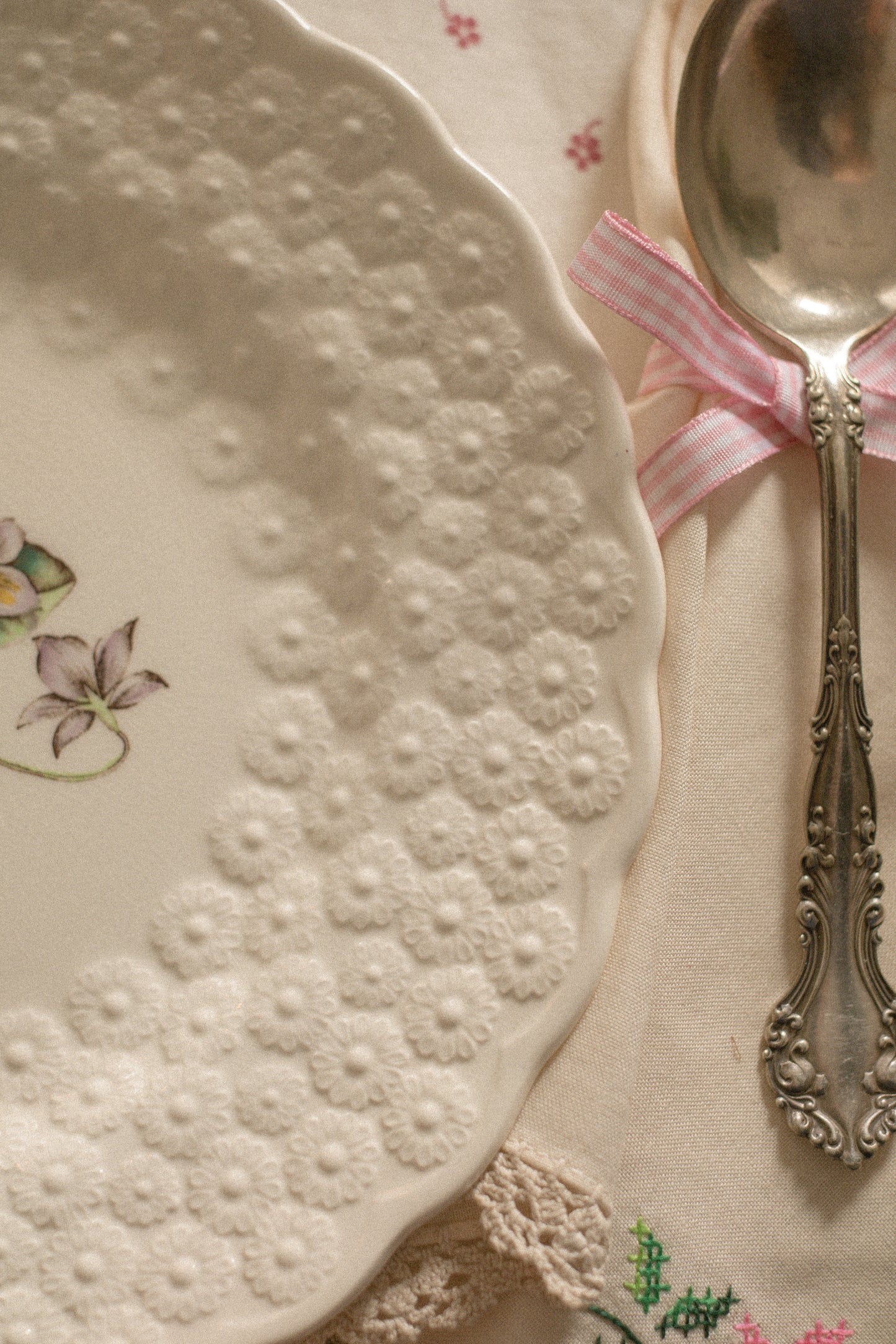 Vintage dainty textured floral plates
