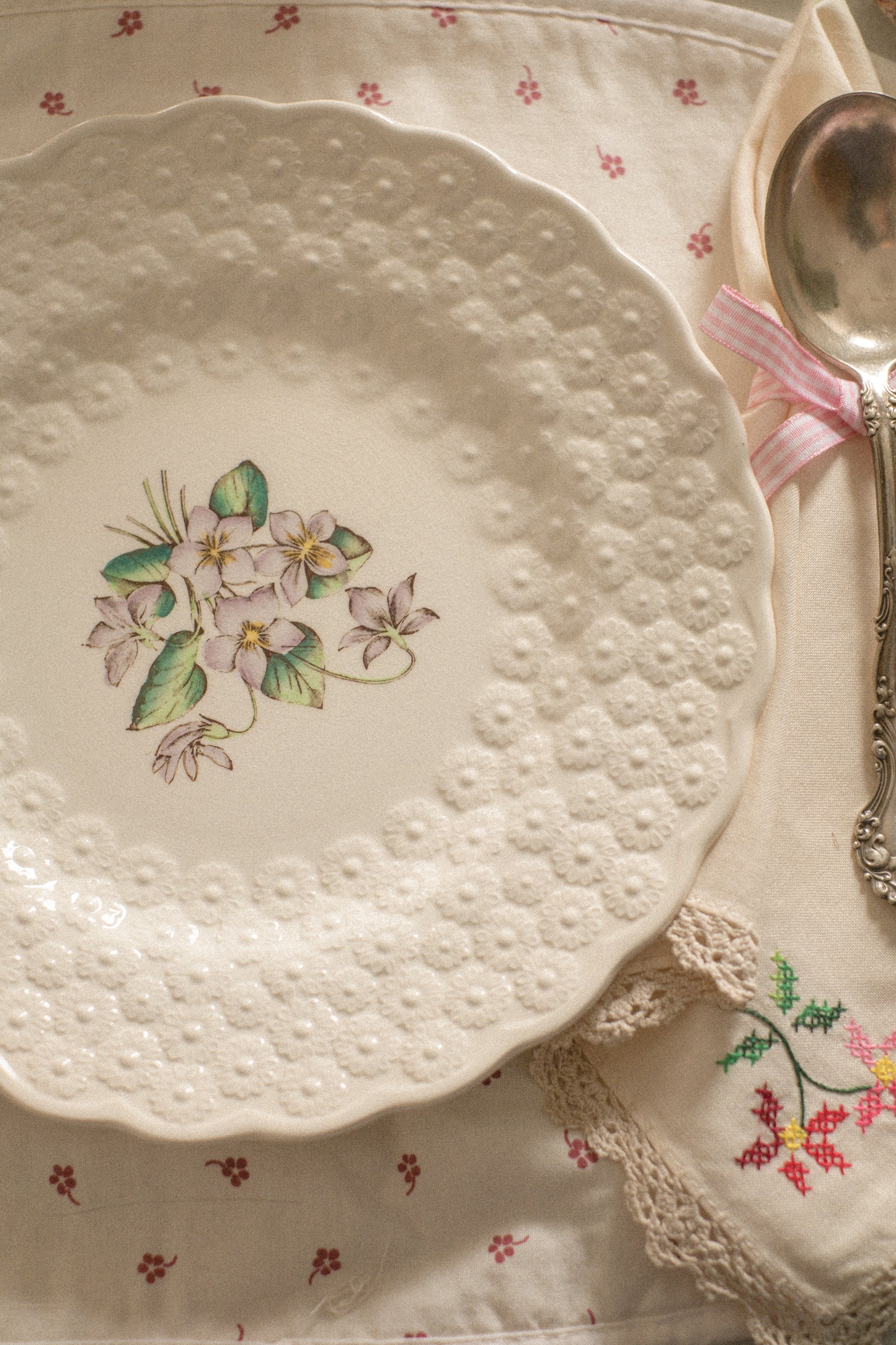 Vintage dainty textured floral plates