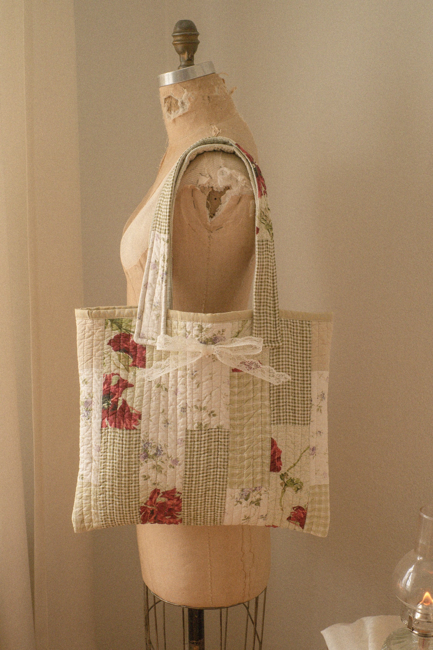 Handmade quilted mini tote bag - evergreen