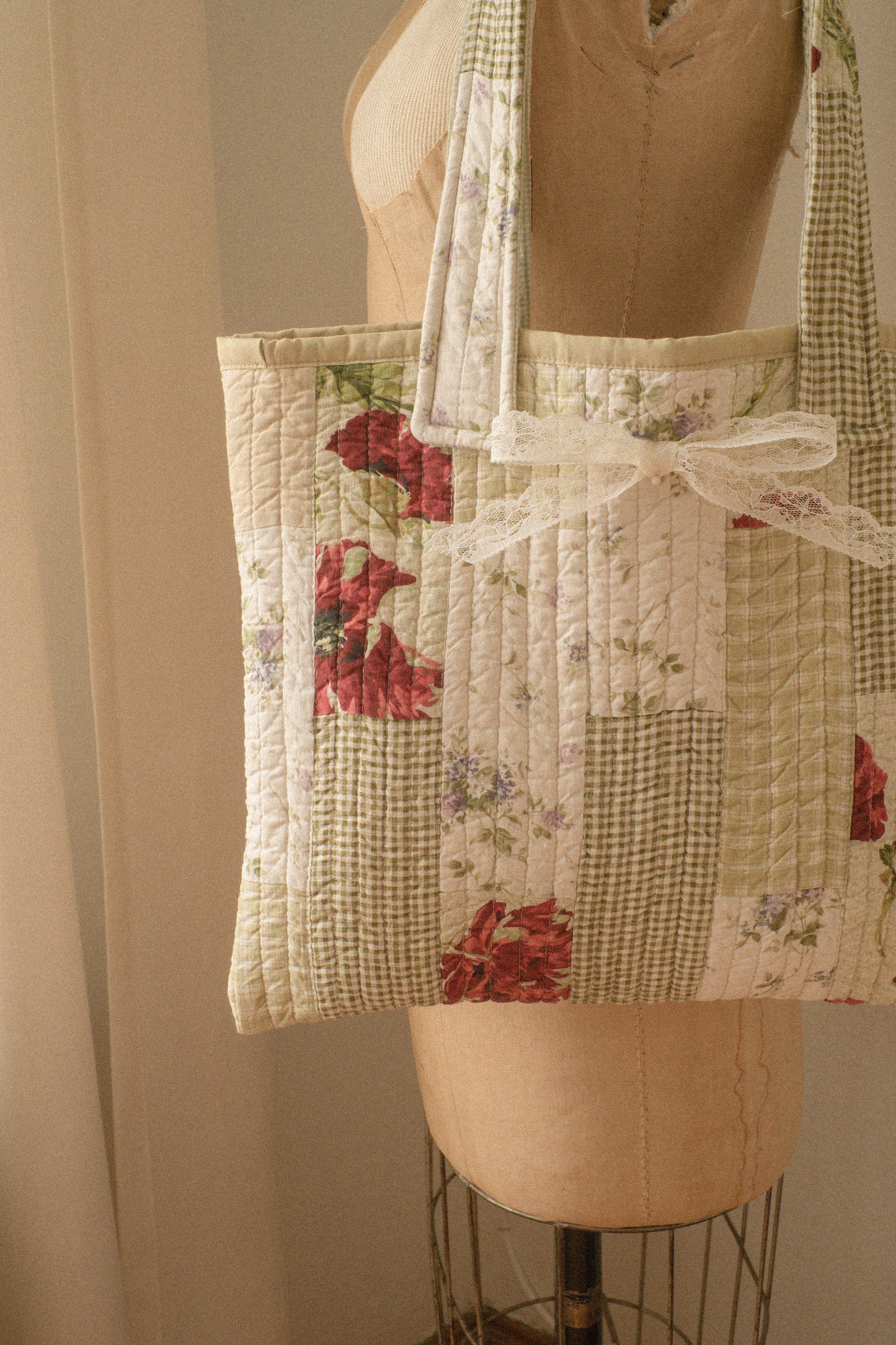 Handmade quilted mini tote bag - evergreen