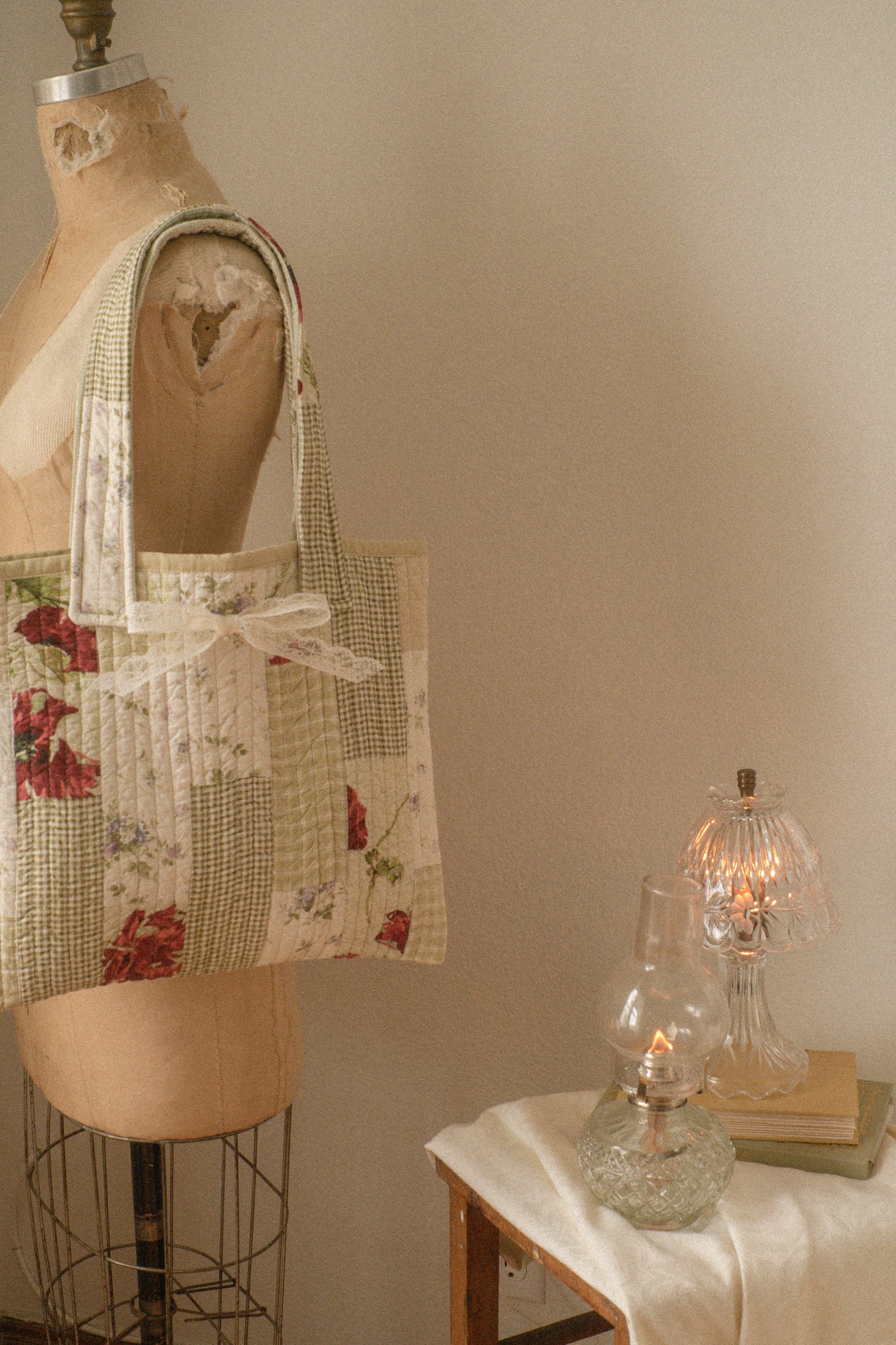 Handmade quilted mini tote bag - evergreen