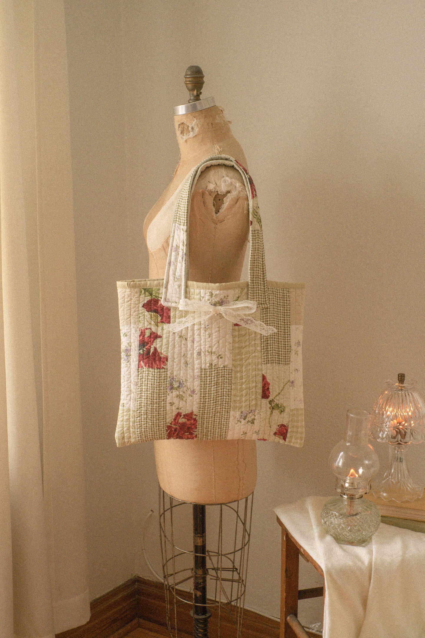 Handmade quilted mini tote bag - evergreen