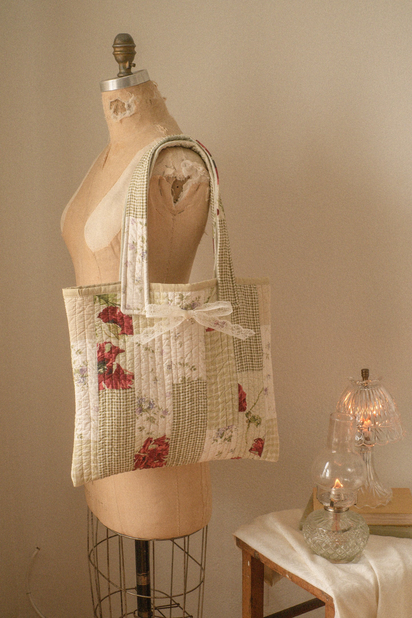Handmade quilted mini tote bag - evergreen