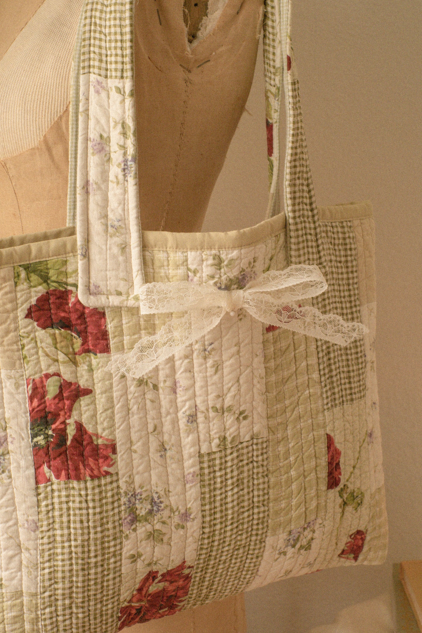 Handmade quilted mini tote bag - evergreen