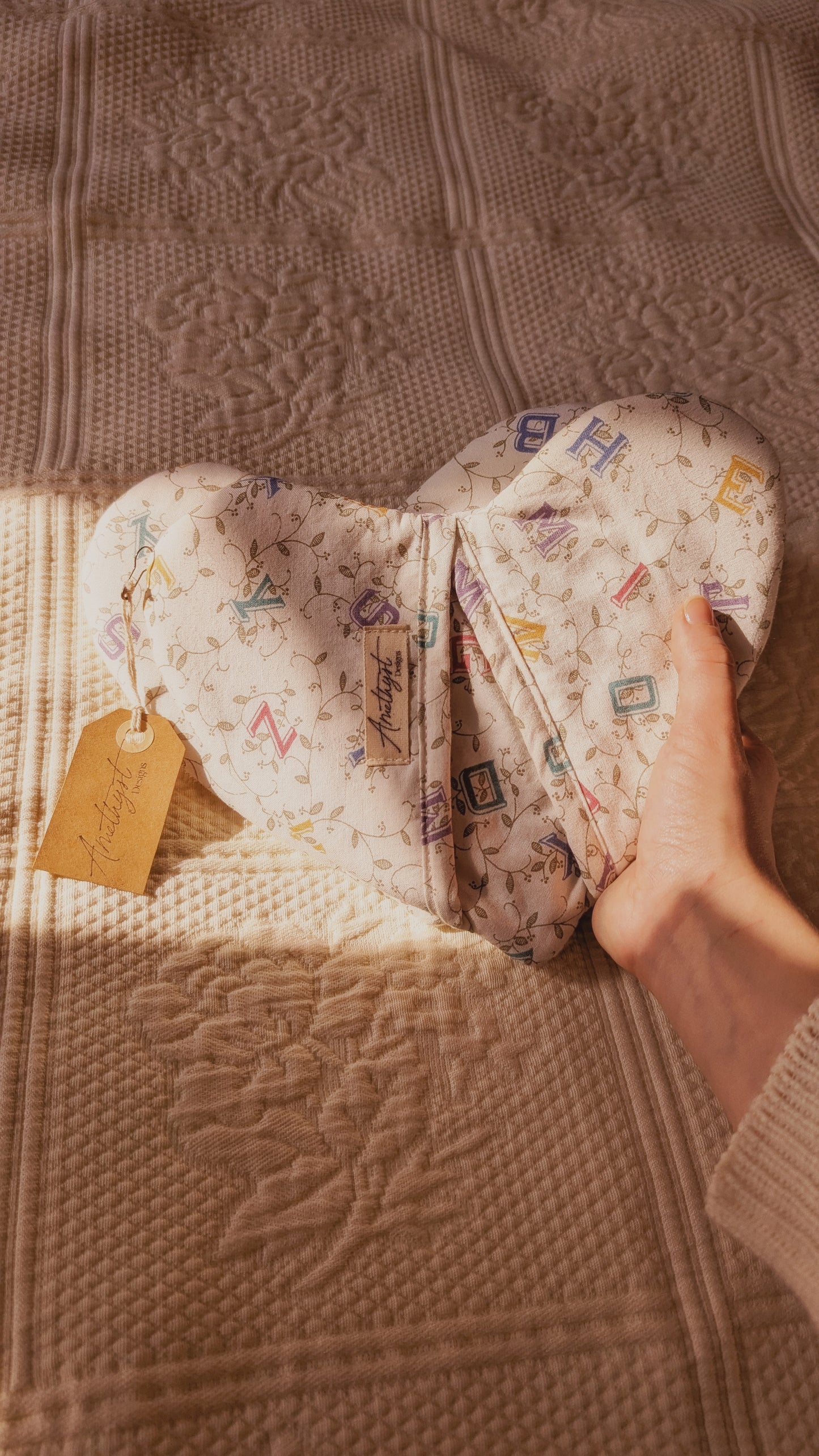 Handmade heart shaped oven mitts (pair) - alphabet soup