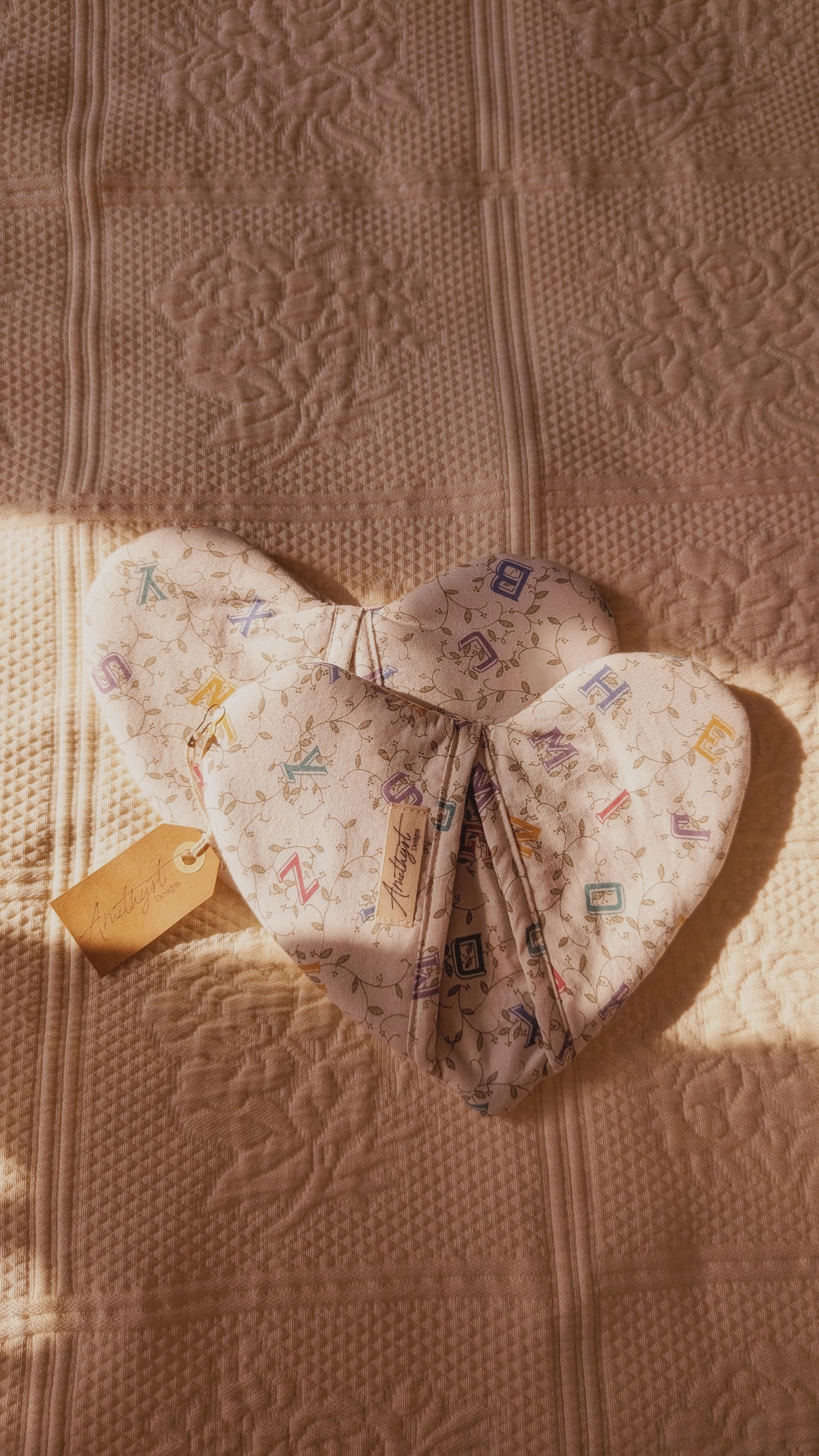 Handmade heart shaped oven mitts (pair) - alphabet soup