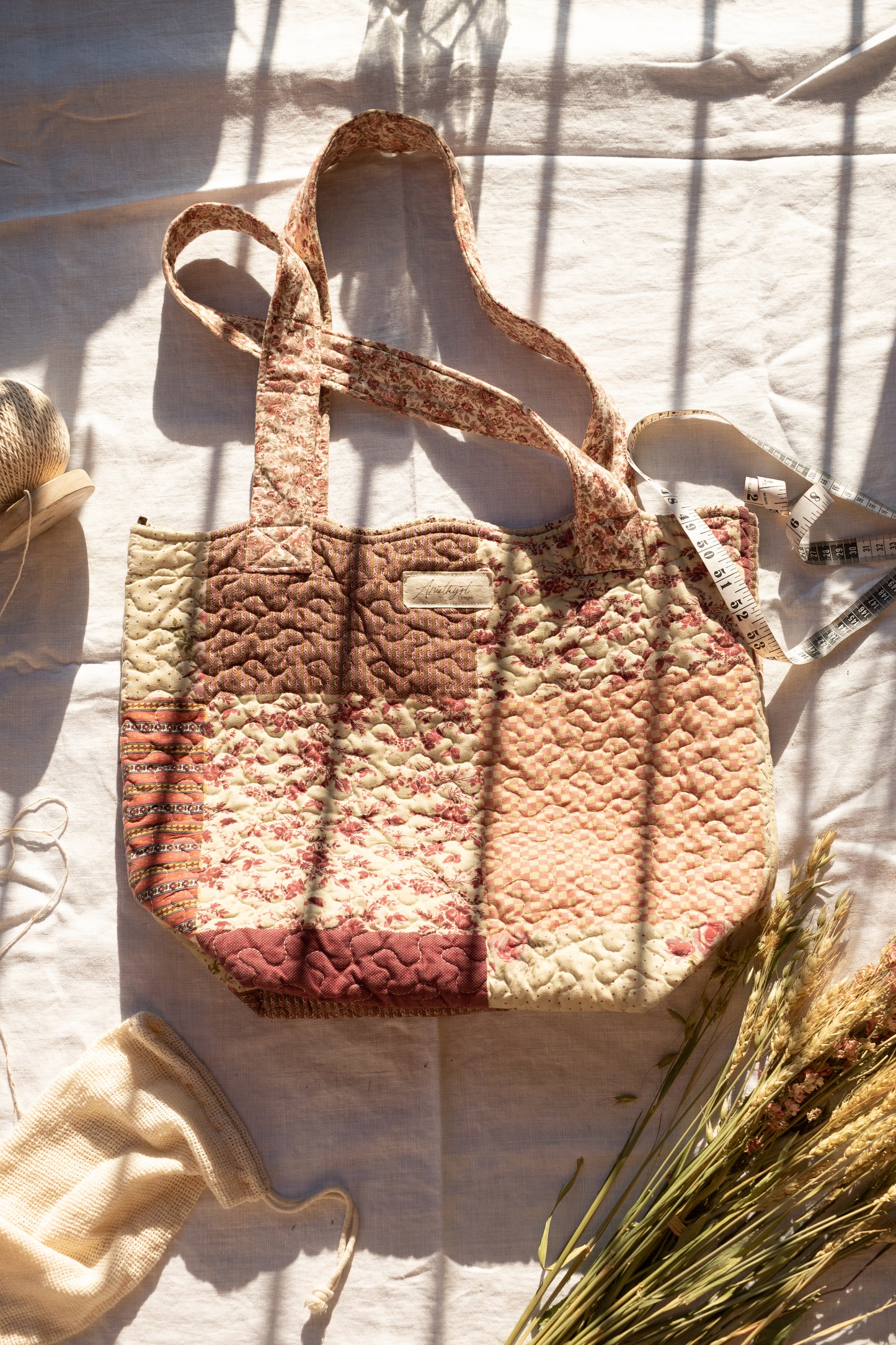 Handmade quilted reusable bag - quilted rose