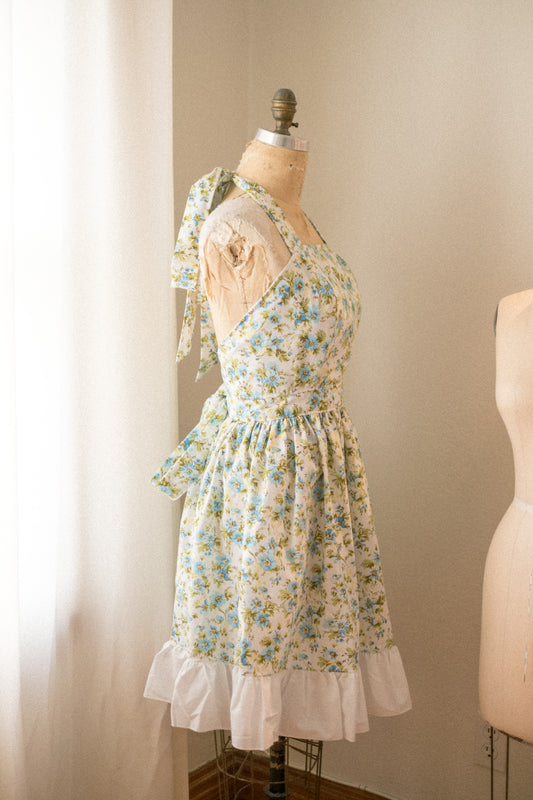 Handmade vintage floral apron set - old blue