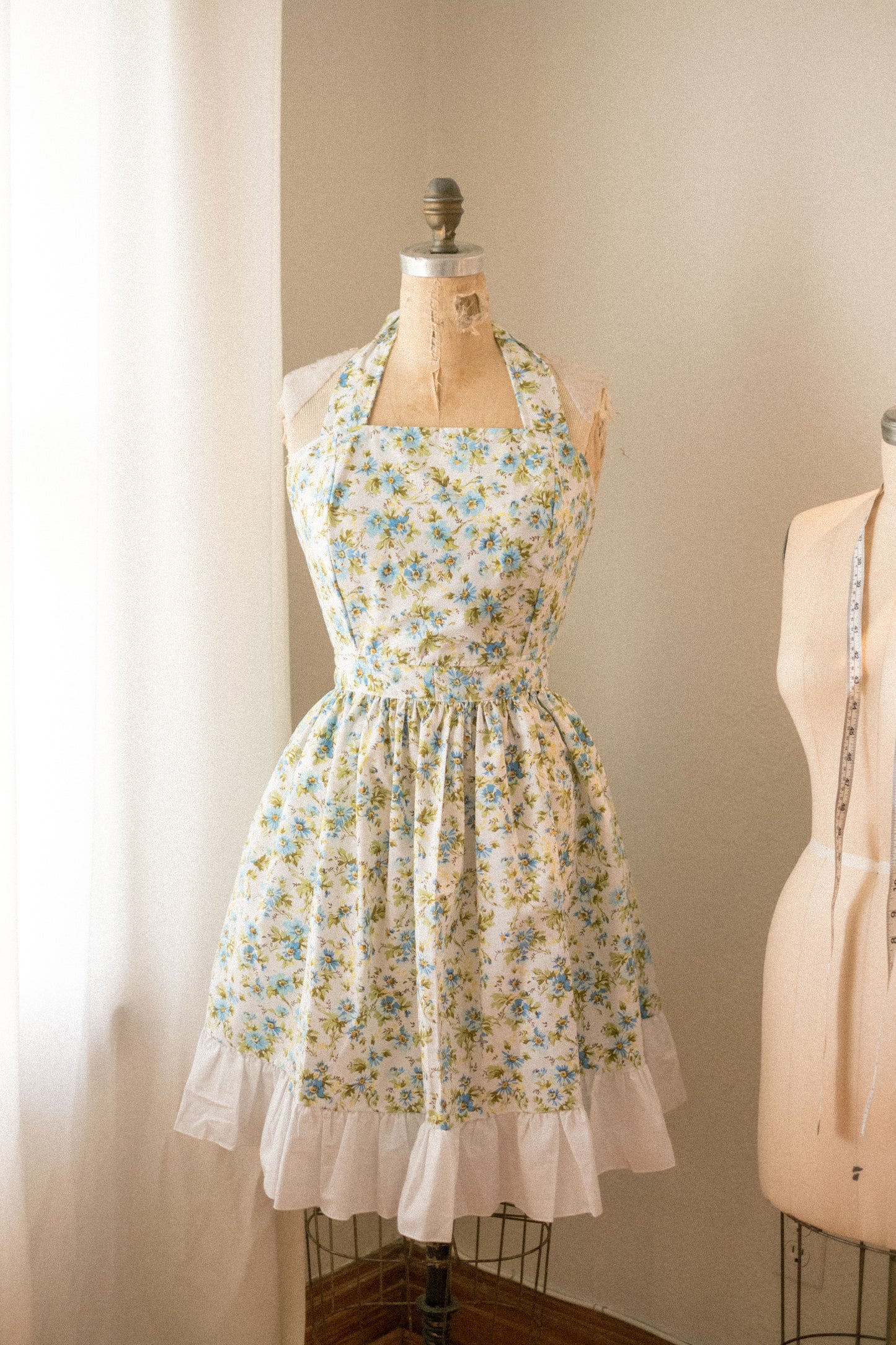 Handmade vintage floral apron set - old blue