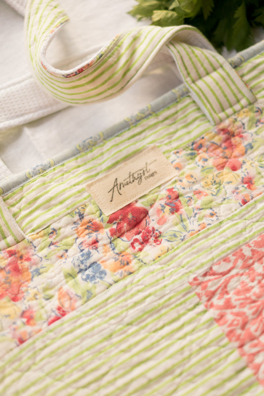 Handmade quilted reusable tote bag - field of flowers