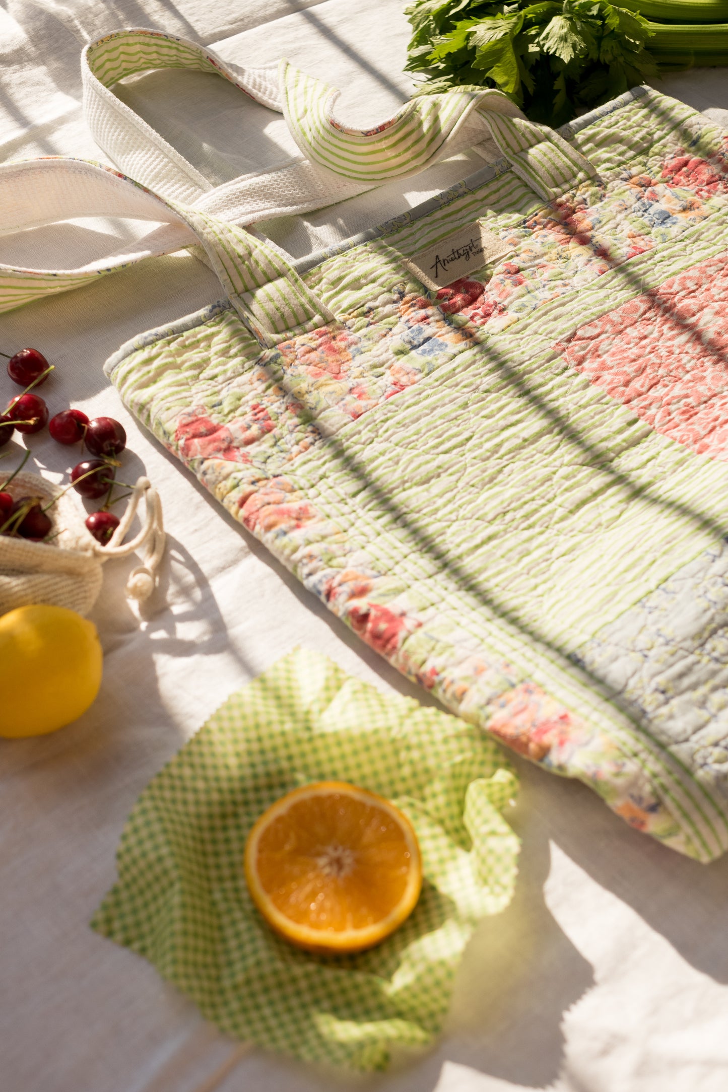 Handmade quilted reusable tote bag - field of flowers