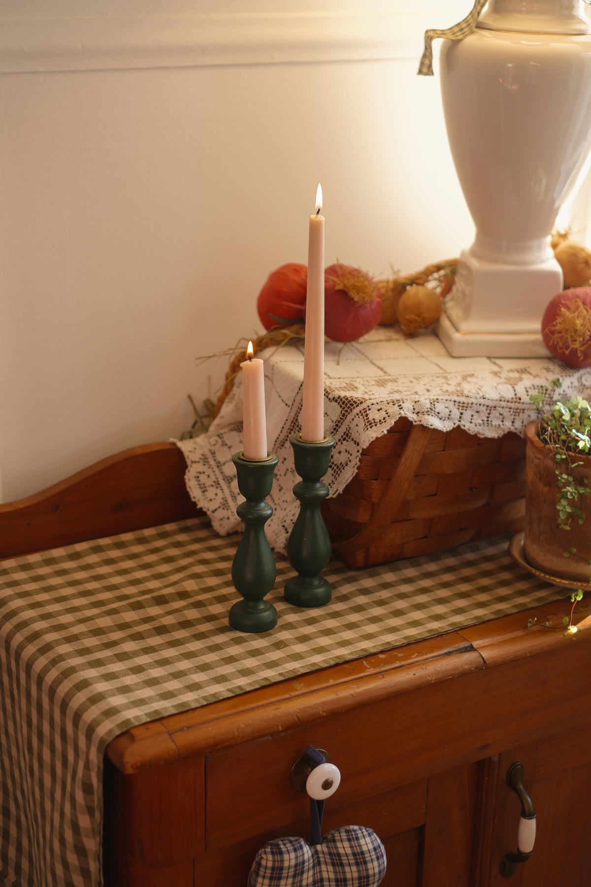 Vintage green wooden candle stick holder pair 🕯️