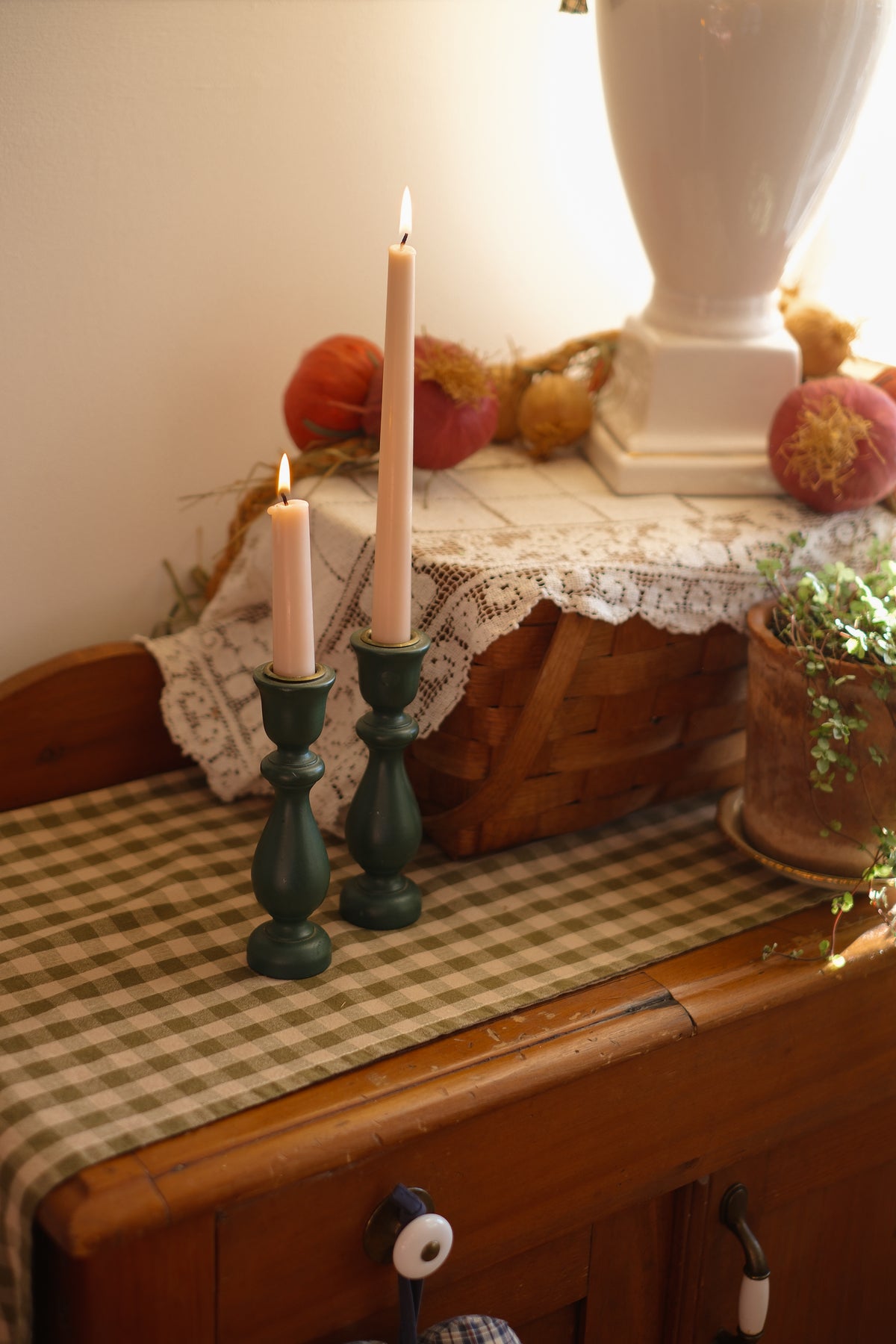 Vintage green wooden candle stick holder pair 🕯️