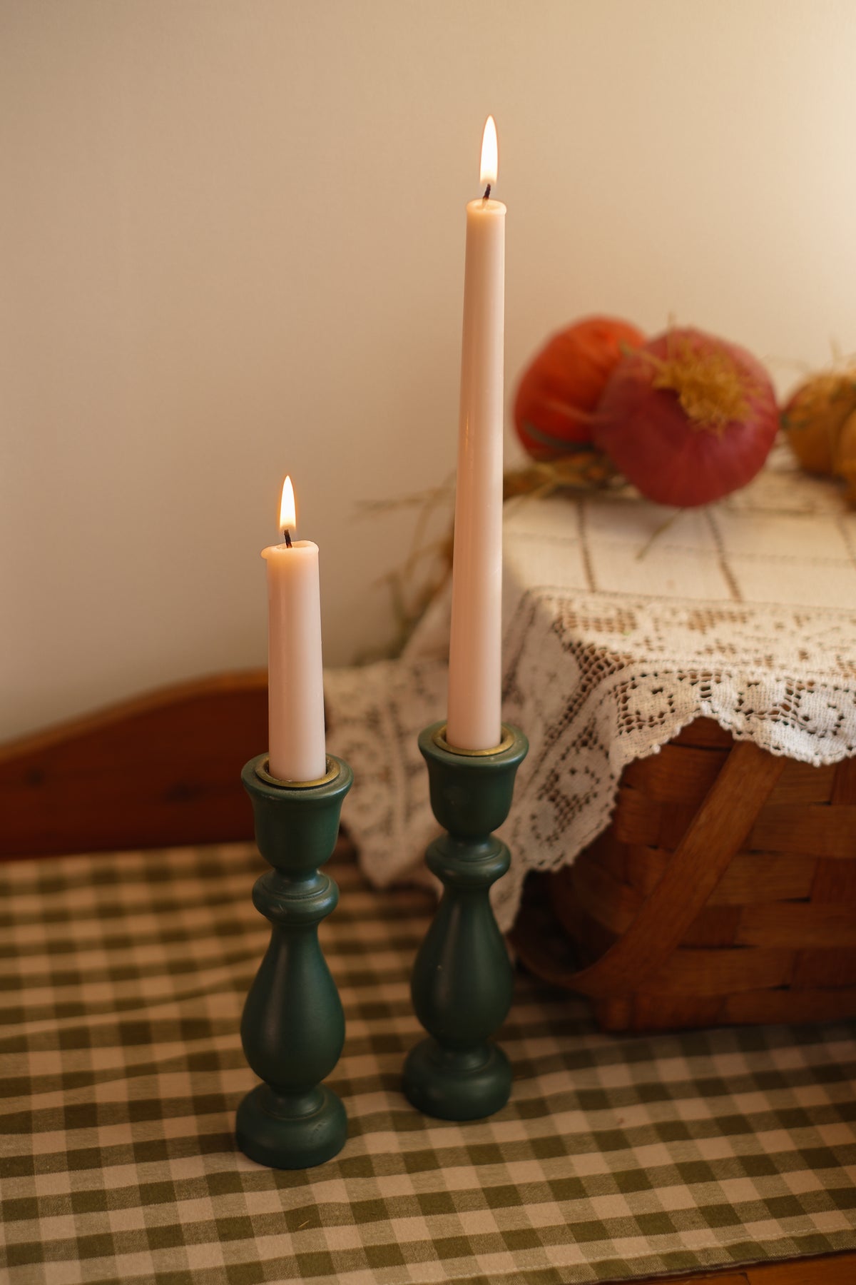 Vintage green wooden candle stick holder pair 🕯️