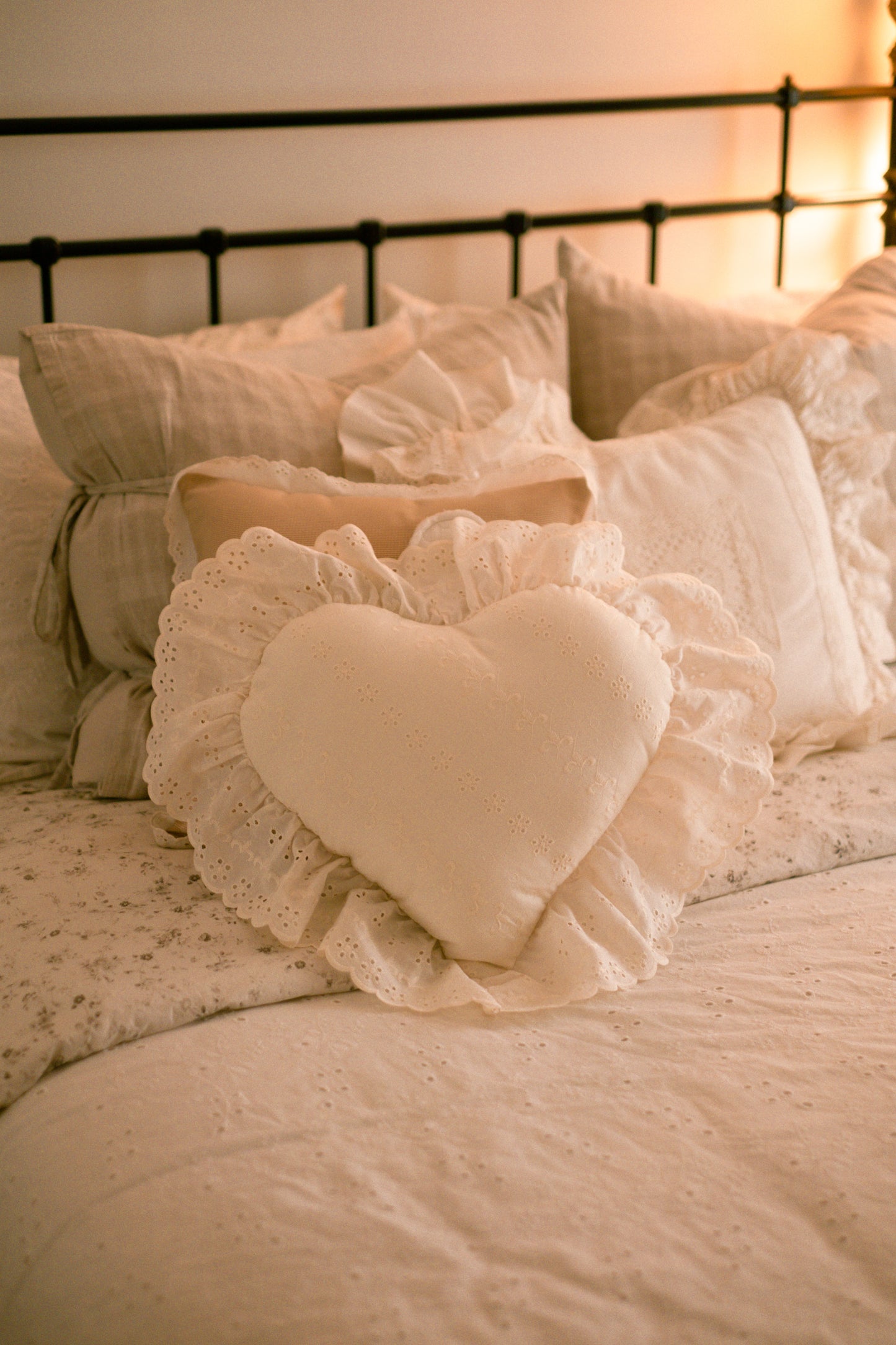Handmade ruffled heart pillow - cream puff
