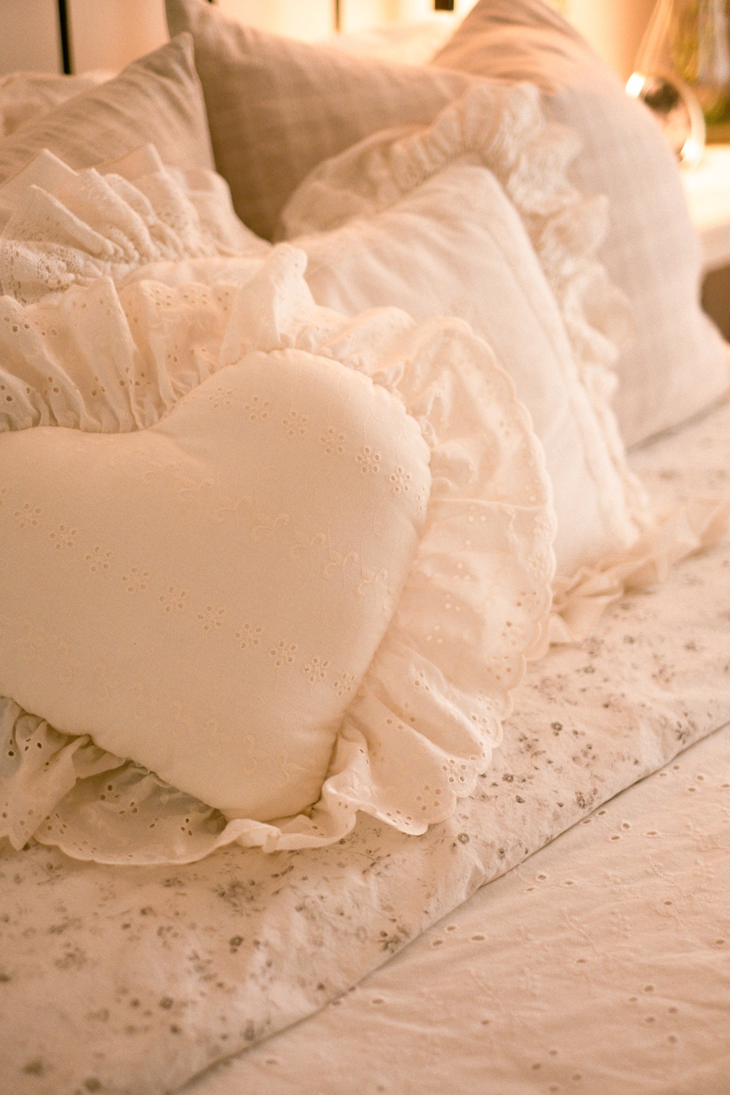 Handmade ruffled heart pillow - cream puff