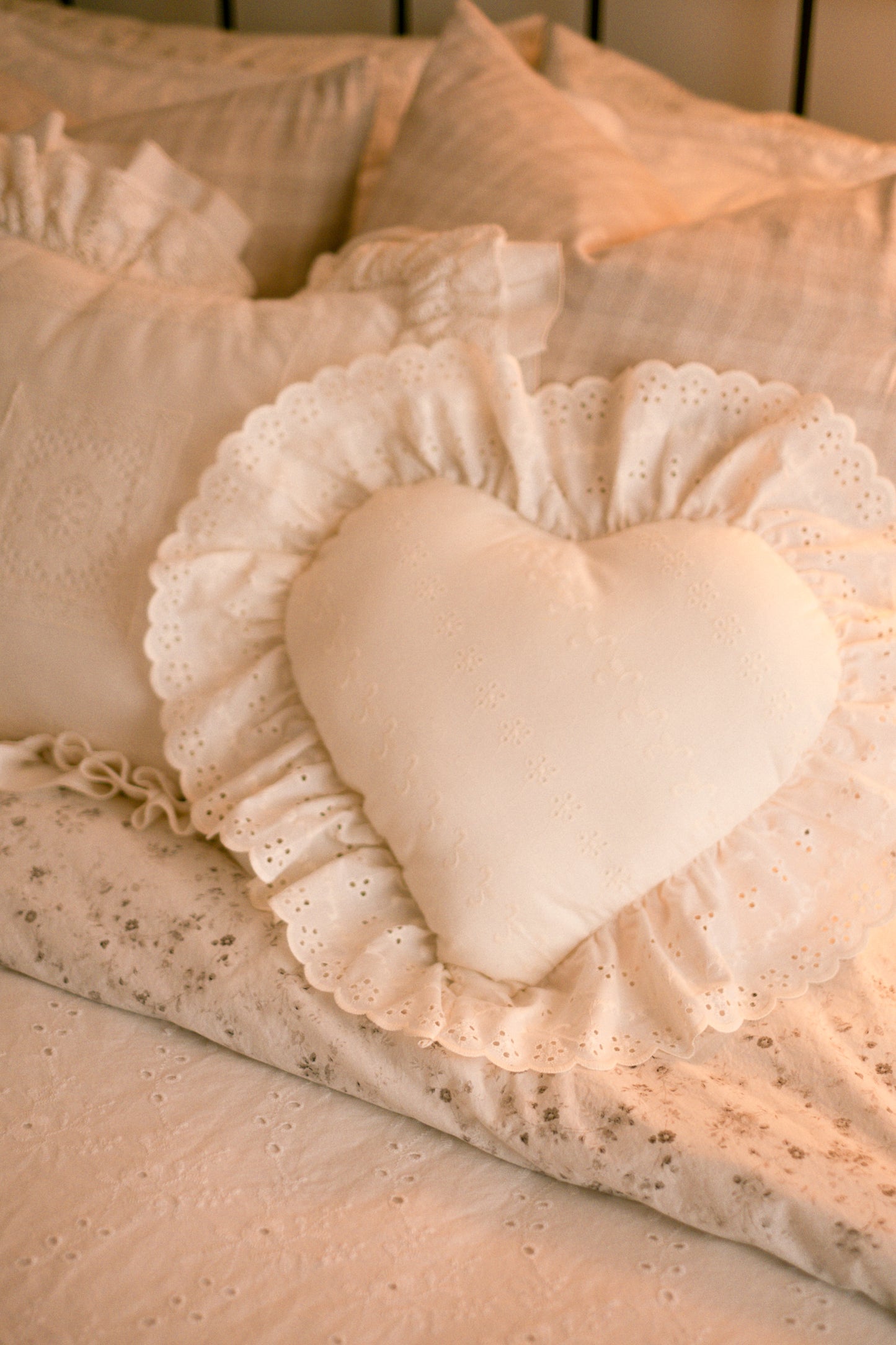 Handmade ruffled heart pillow - cream puff