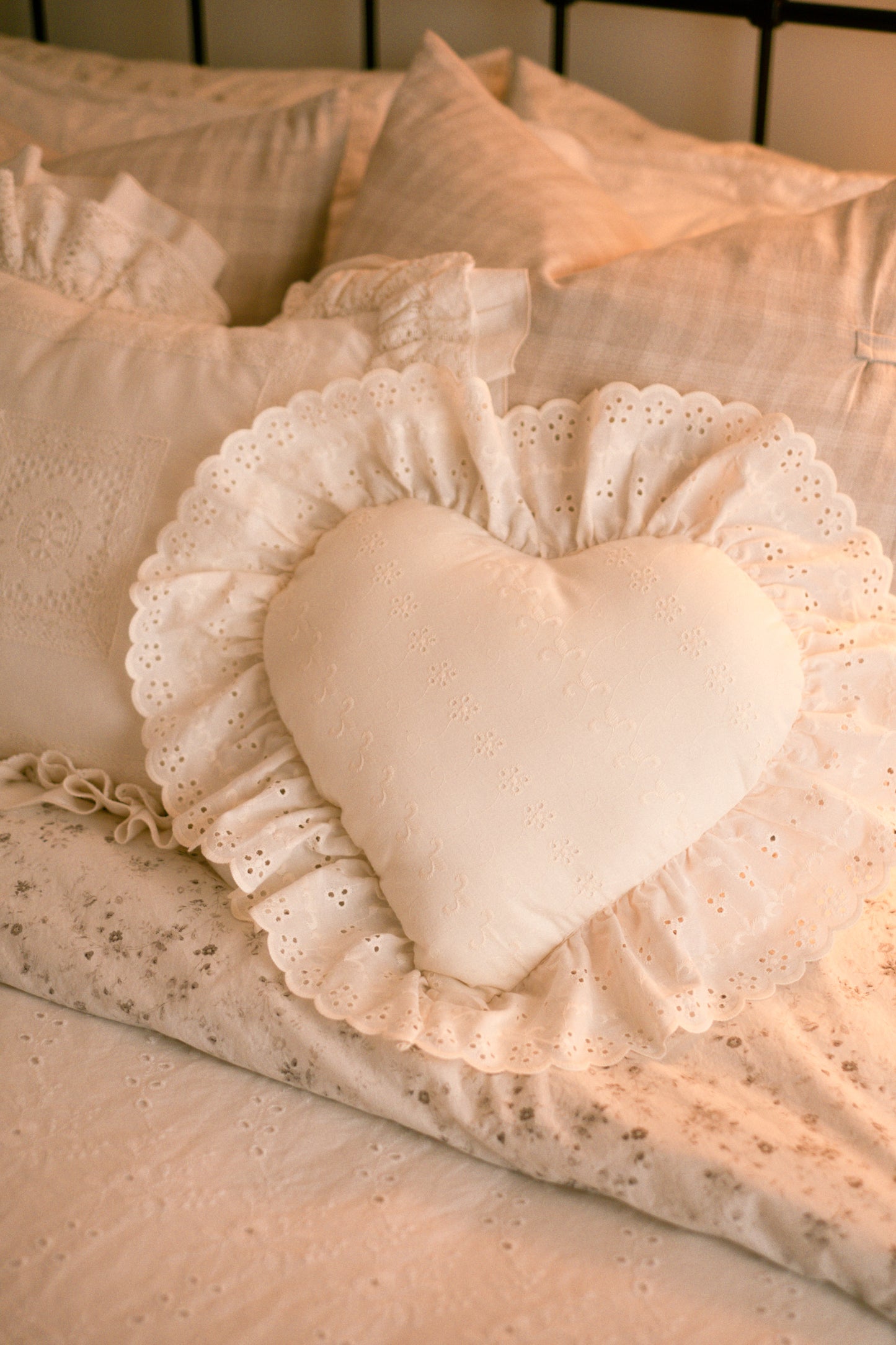 Handmade ruffled heart pillow - cream puff