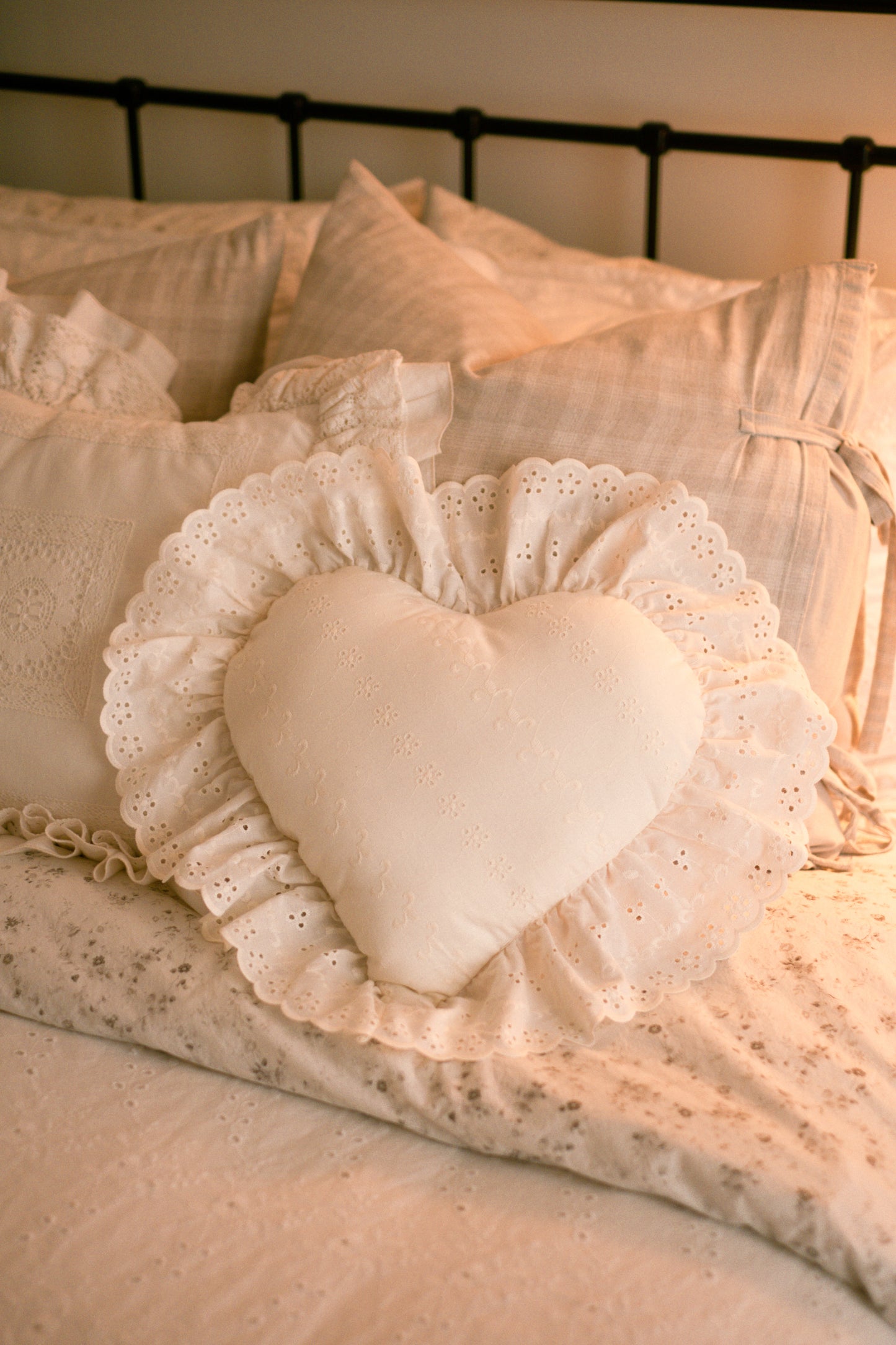 Handmade ruffled heart pillow - cream puff