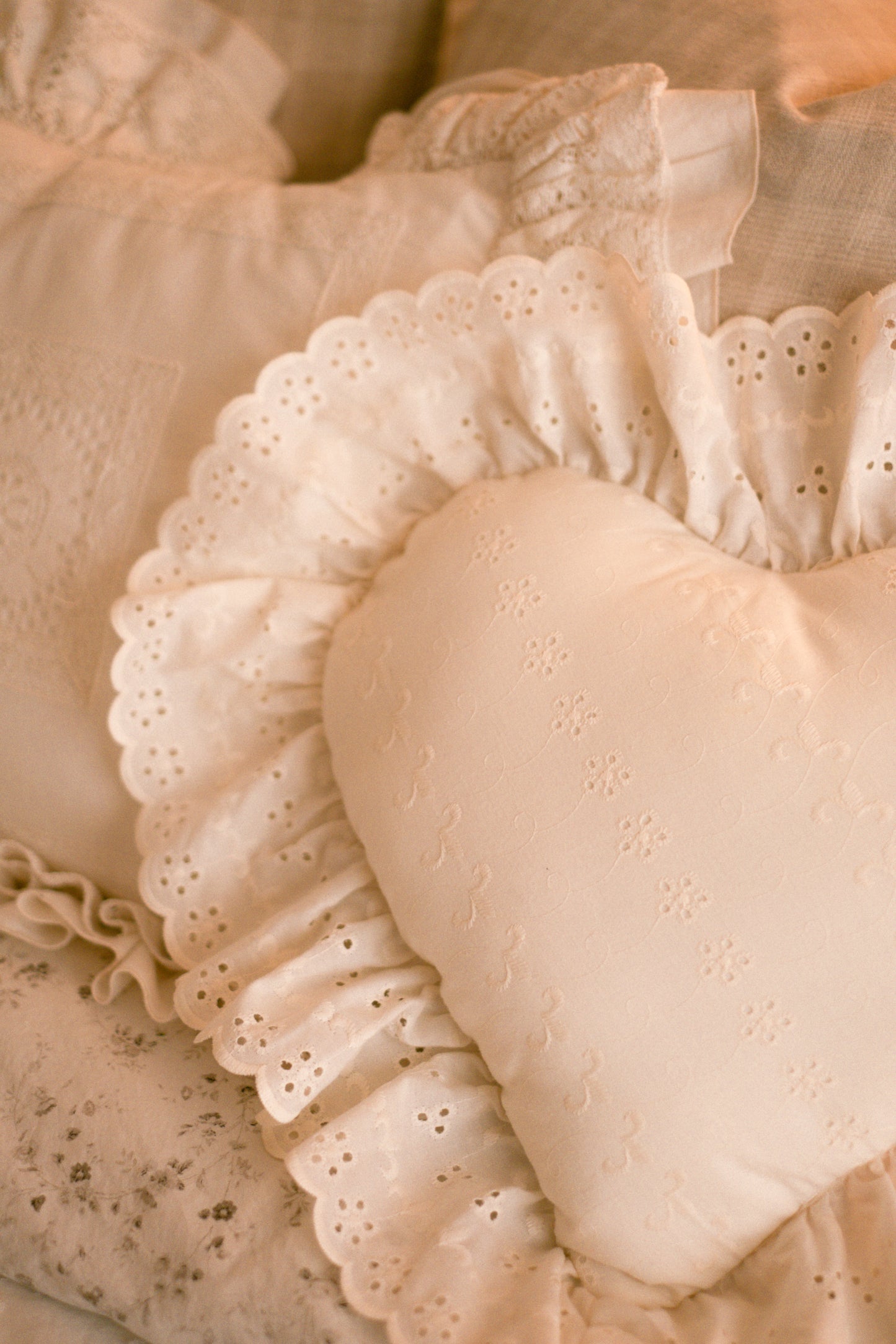 Handmade ruffled heart pillow - cream puff