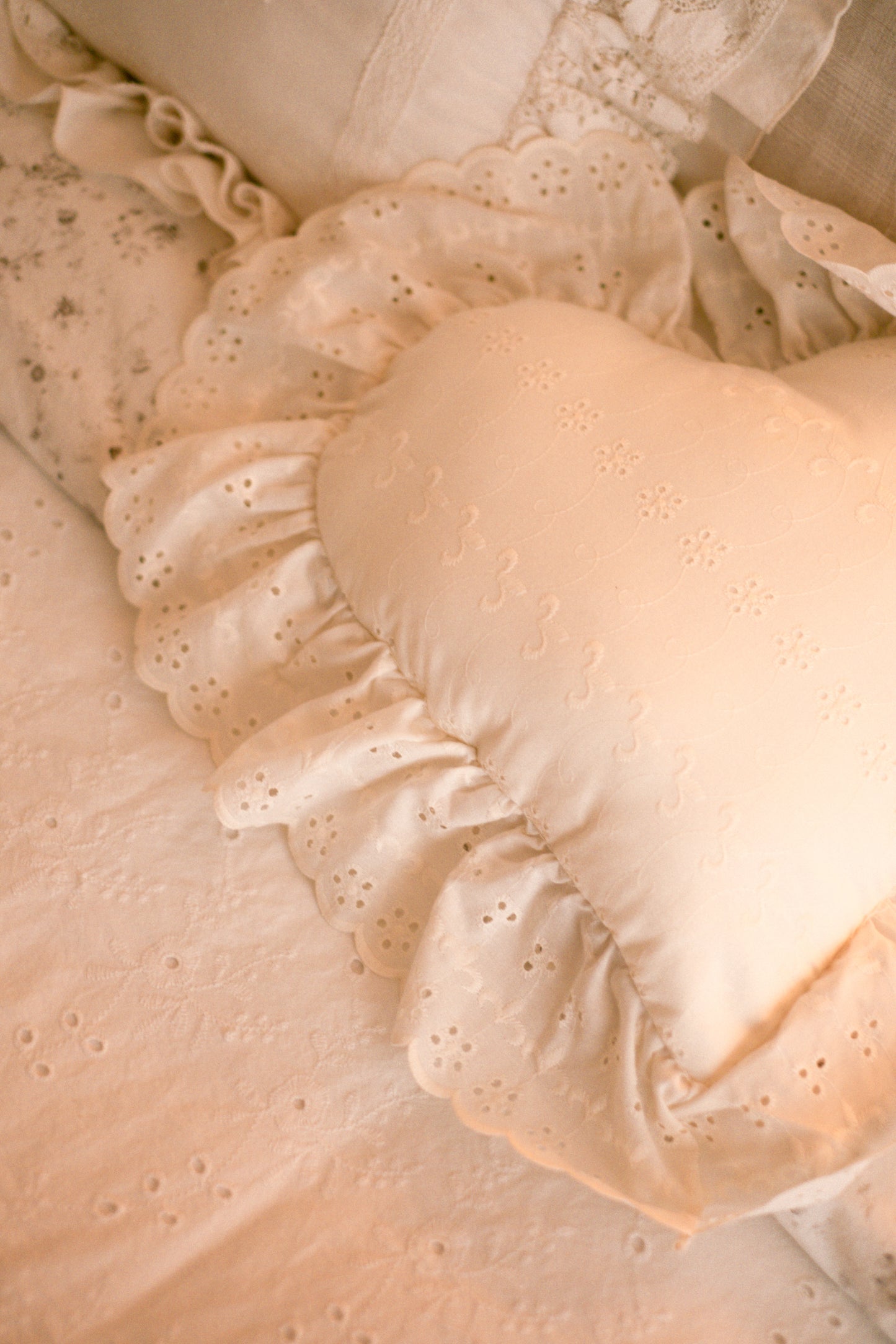 Handmade ruffled heart pillow - cream puff