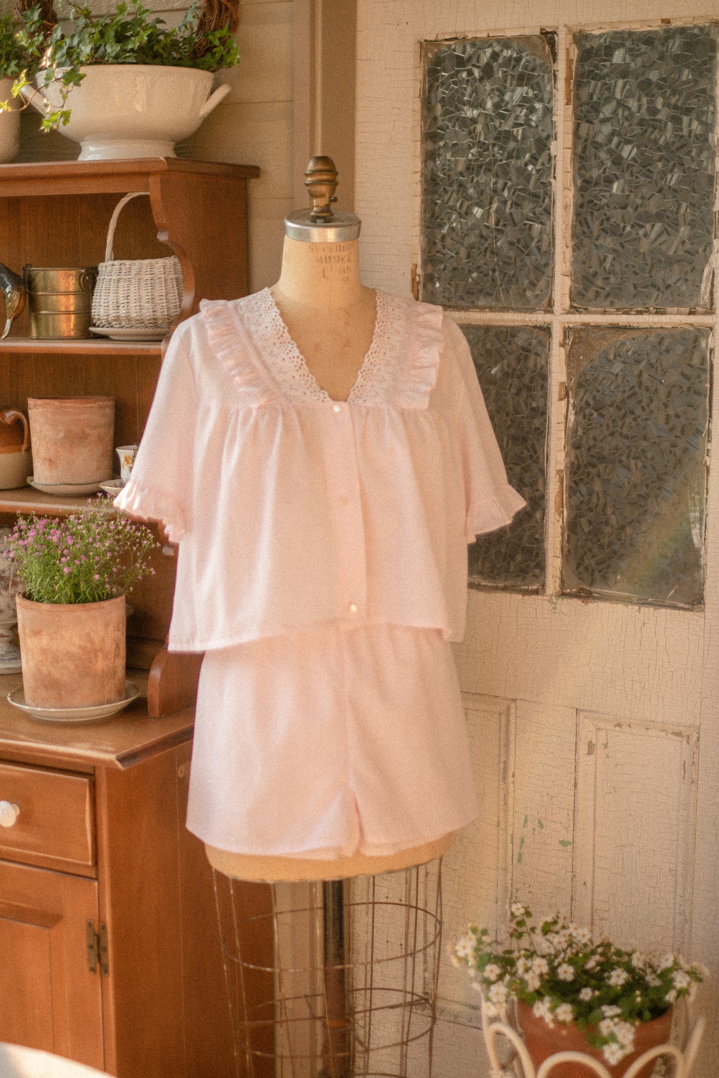 vintage cotton pink eyelet pyjamas set