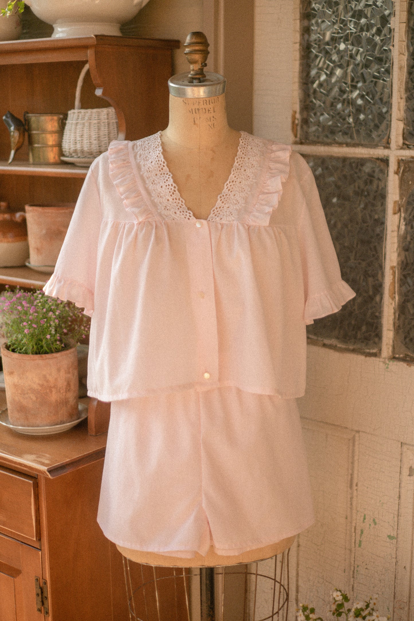 vintage cotton pink eyelet pyjamas set