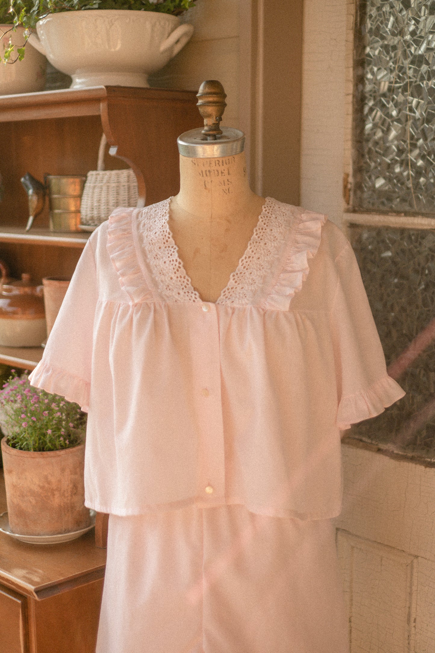 vintage cotton pink eyelet pyjamas set