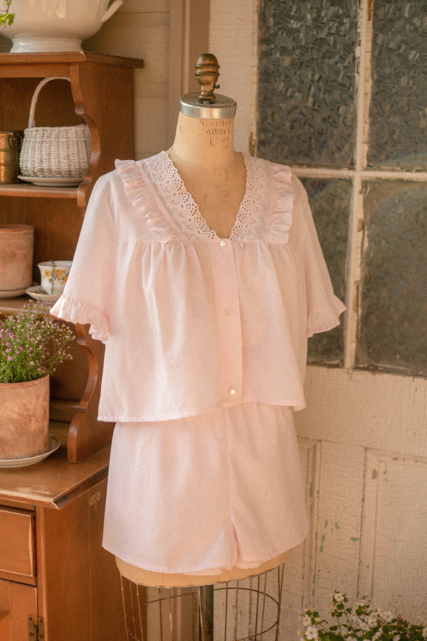 vintage cotton pink eyelet pyjamas set