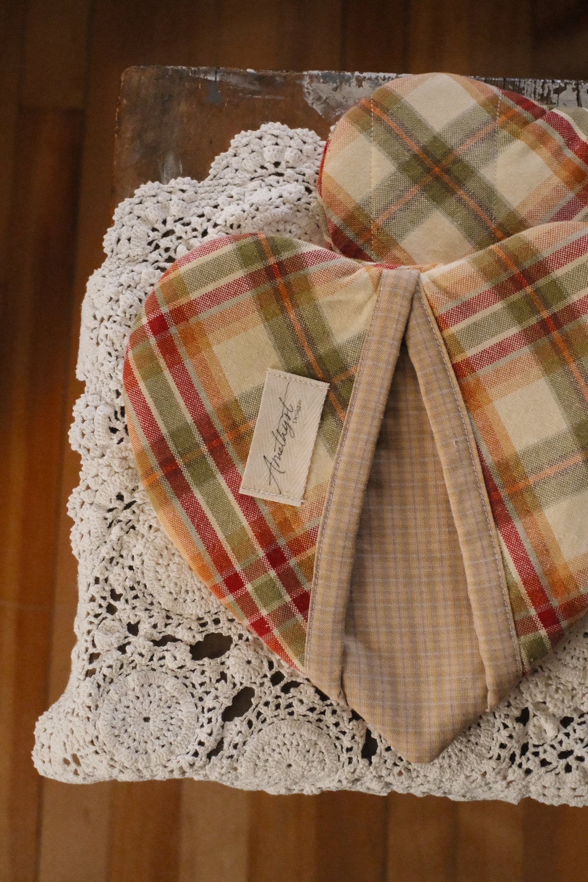 Handmade heart shaped oven mitt set - autumn plaid 🍂