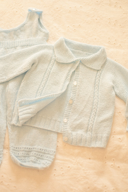 Vintage baby blue knit overall set