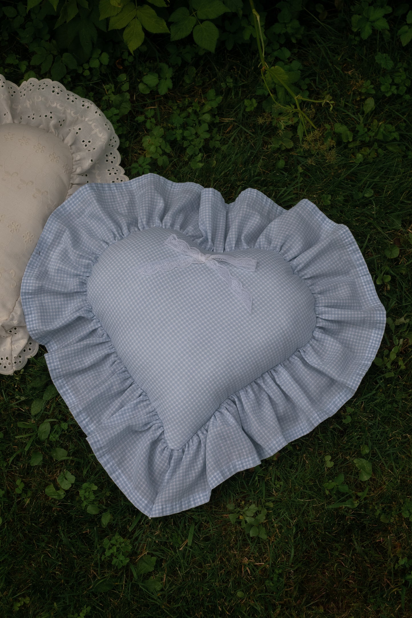Handmade ruffled heart pillow - blueberry