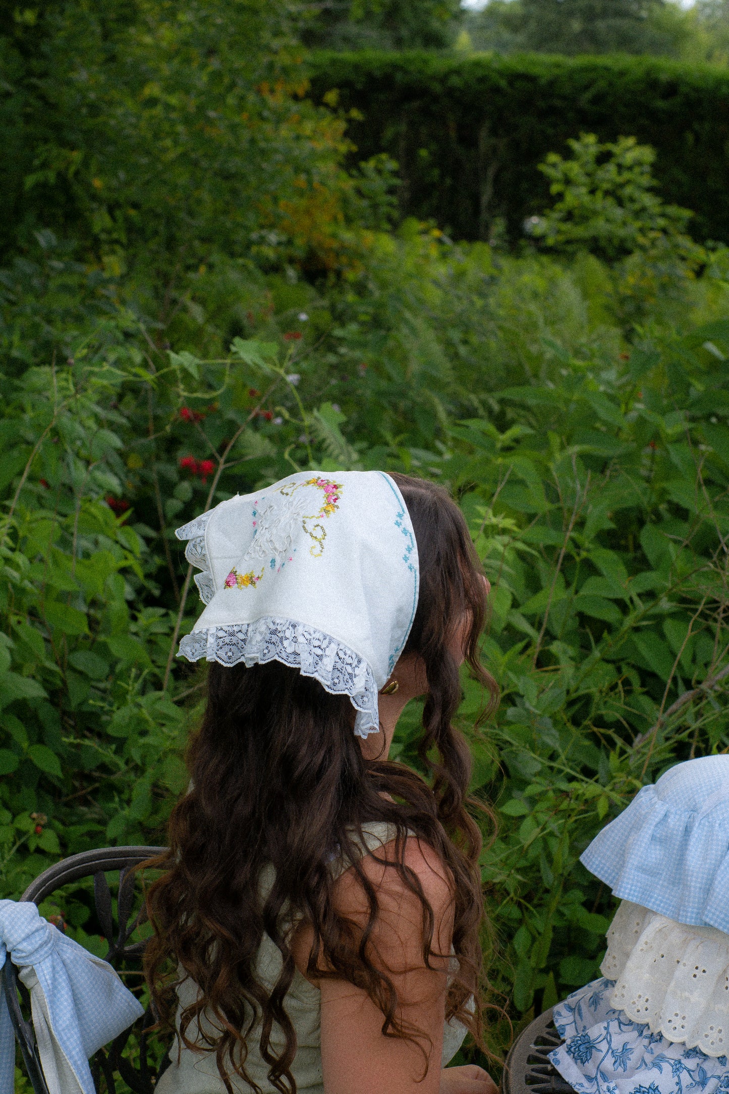 Handmade floral lace trimmed embroidered bandana