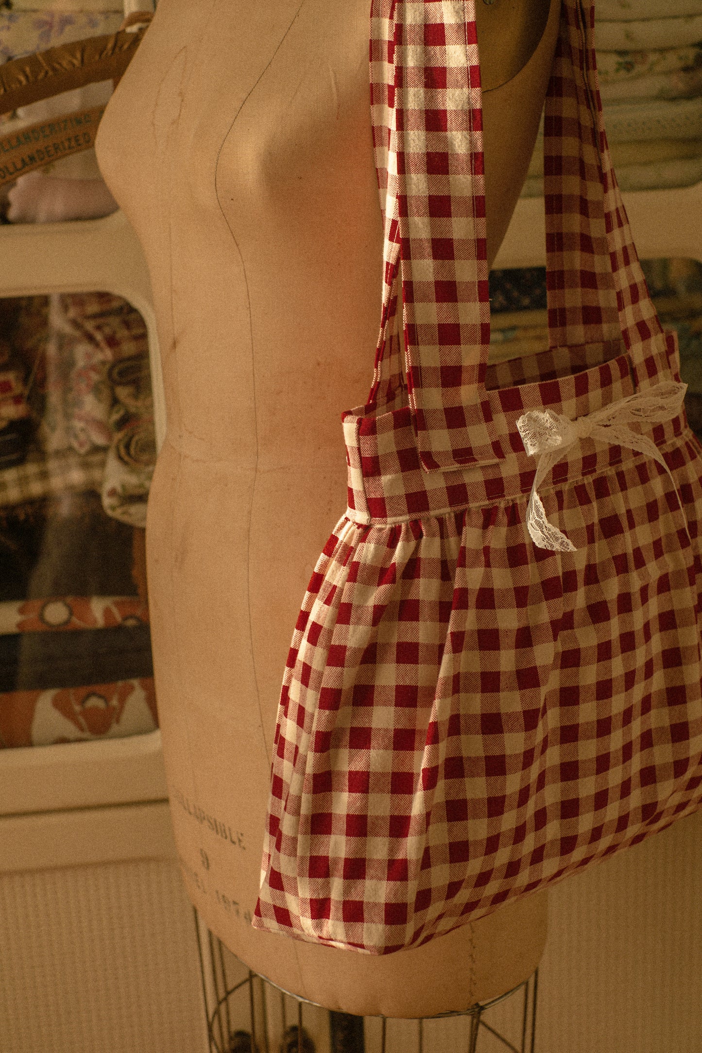 Handmade gingham book tote