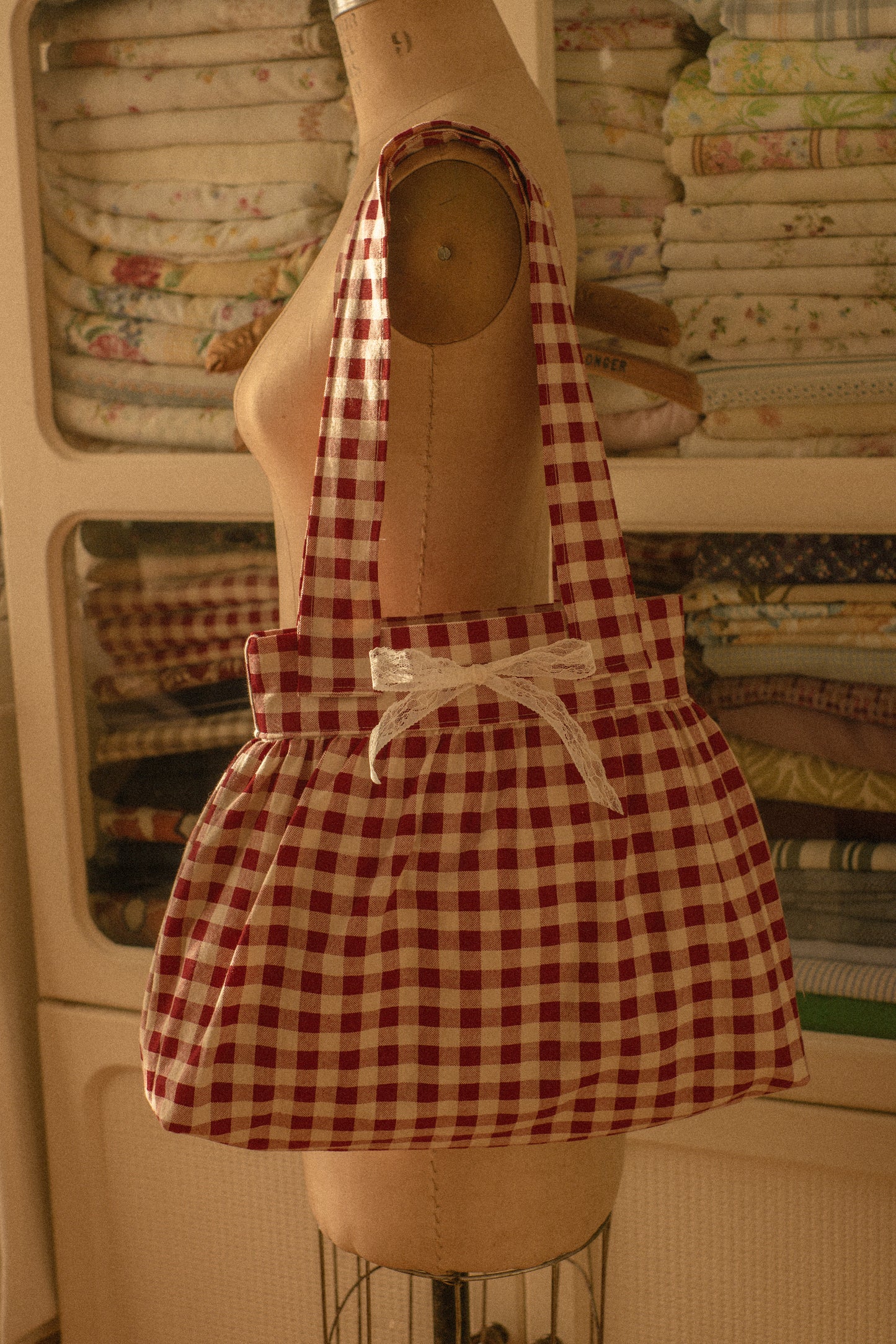Handmade gingham book tote