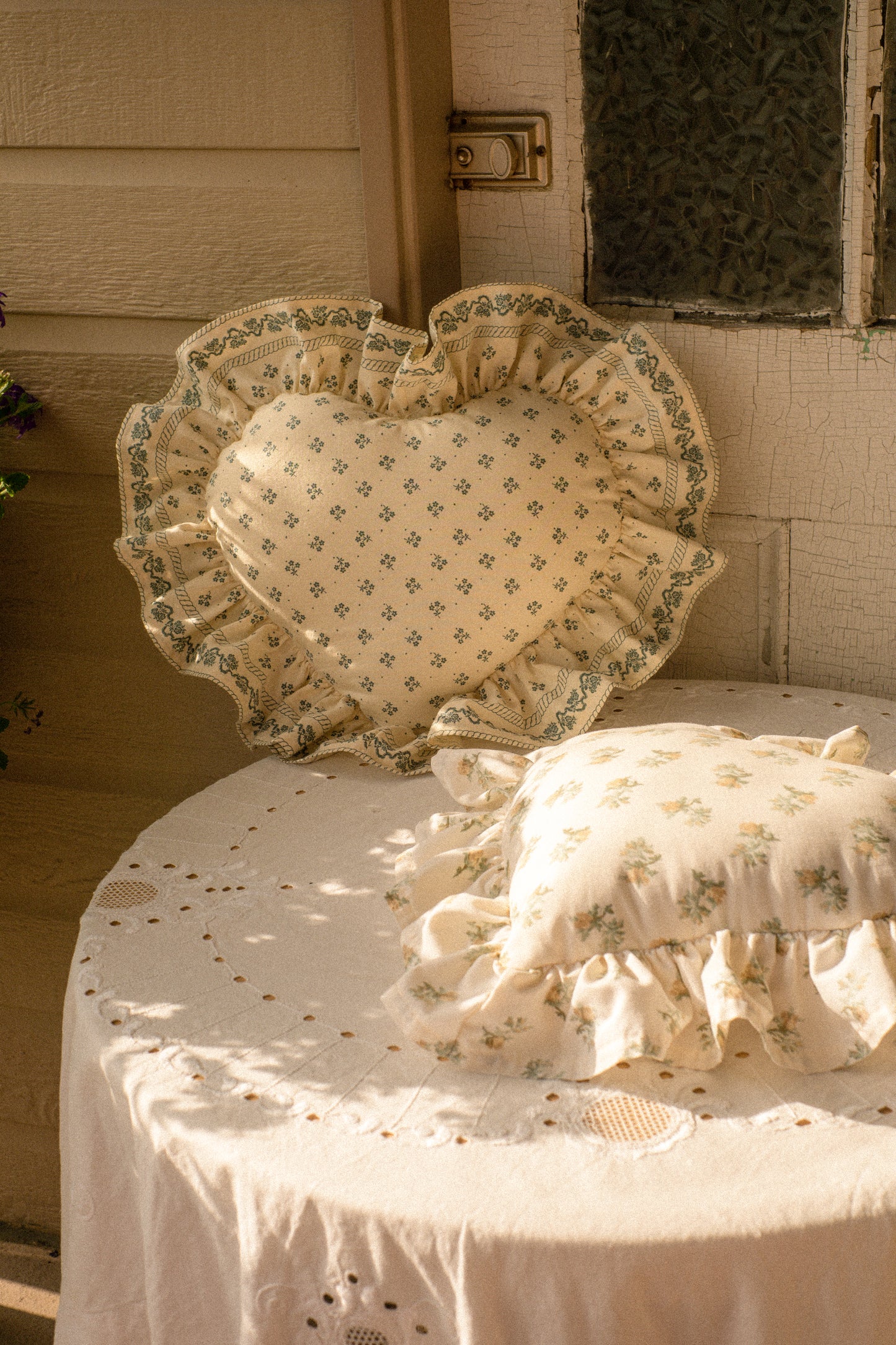 Handmade ruffled heart pillow - Vintage hankie