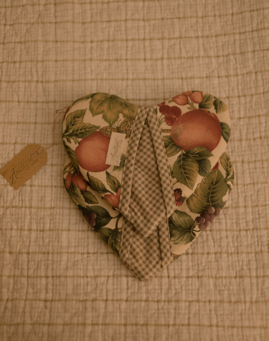 Handmade heart shaped oven mitt set - plum picking